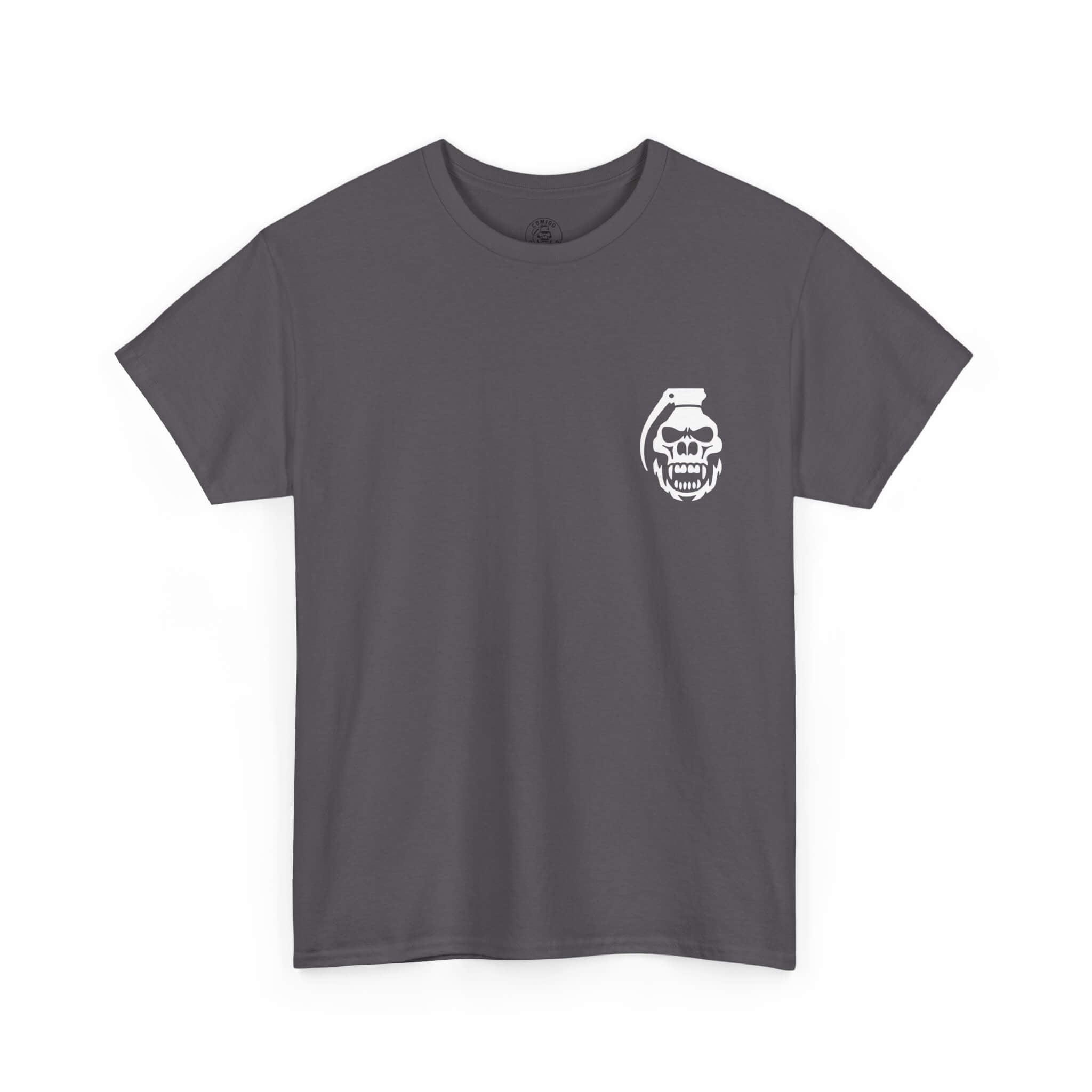 Charcoal COMIGO CLOTHING CO. Commando Battle Rattle t-shirt with a comigo skull grenade logo graphic on the front.