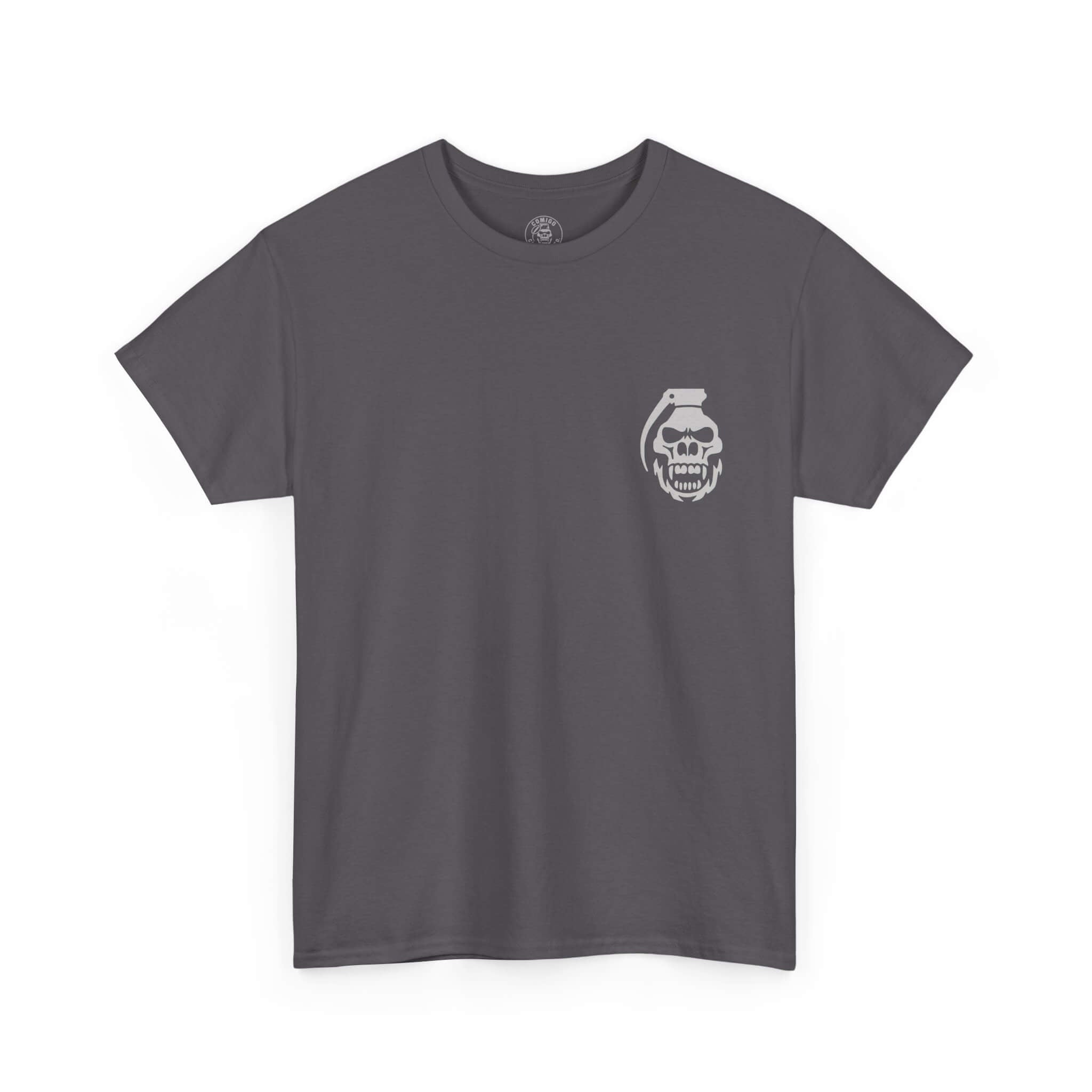 Charcoal COMIGO CLOTHING CO. Krakens Ransom t-shirt with a comigo skull grenade logo graphic on the front







