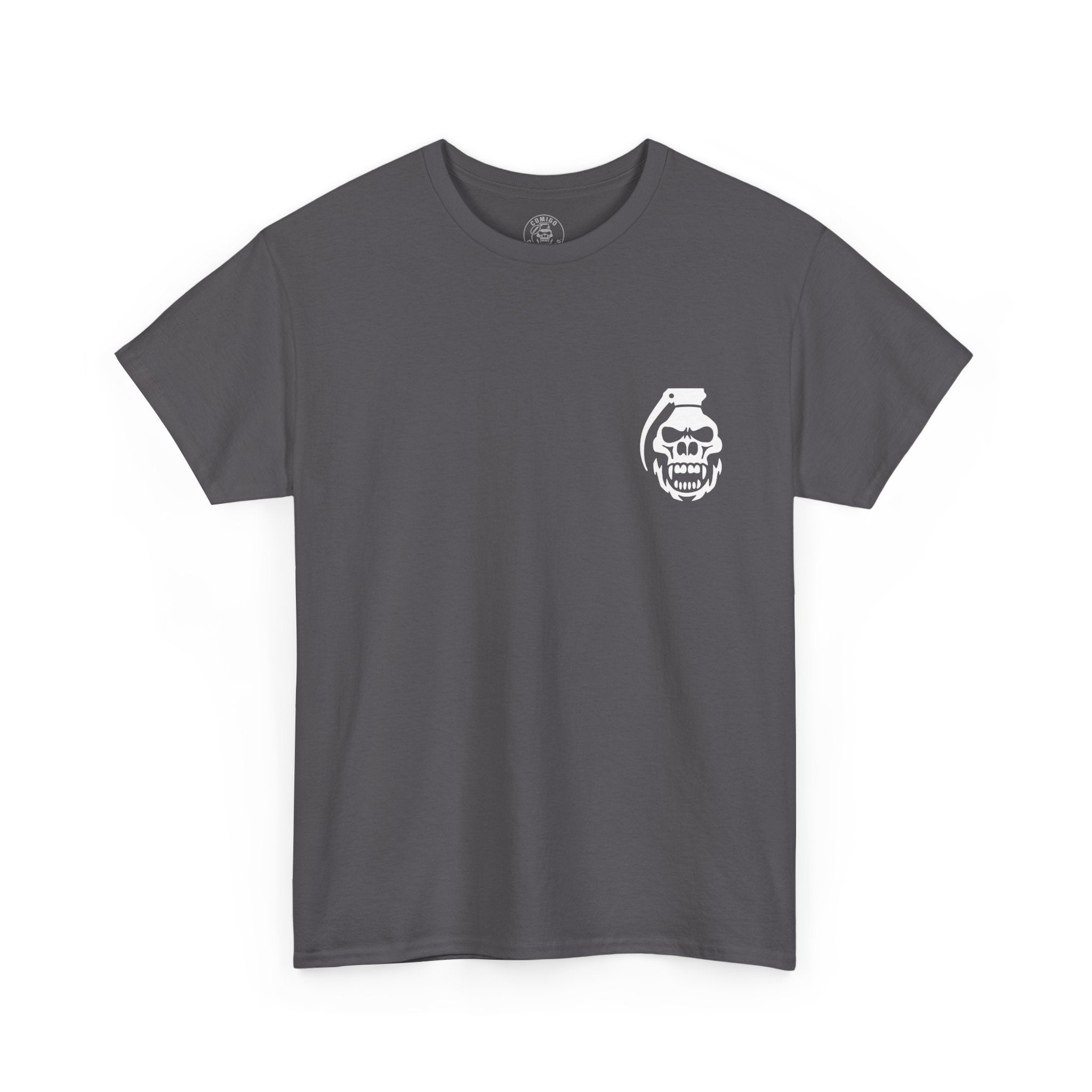 Charcoal COMIGO CLOTHING CO. Spirit Watcher t-shirt with a comigo skull grenade logo graphic on the front.