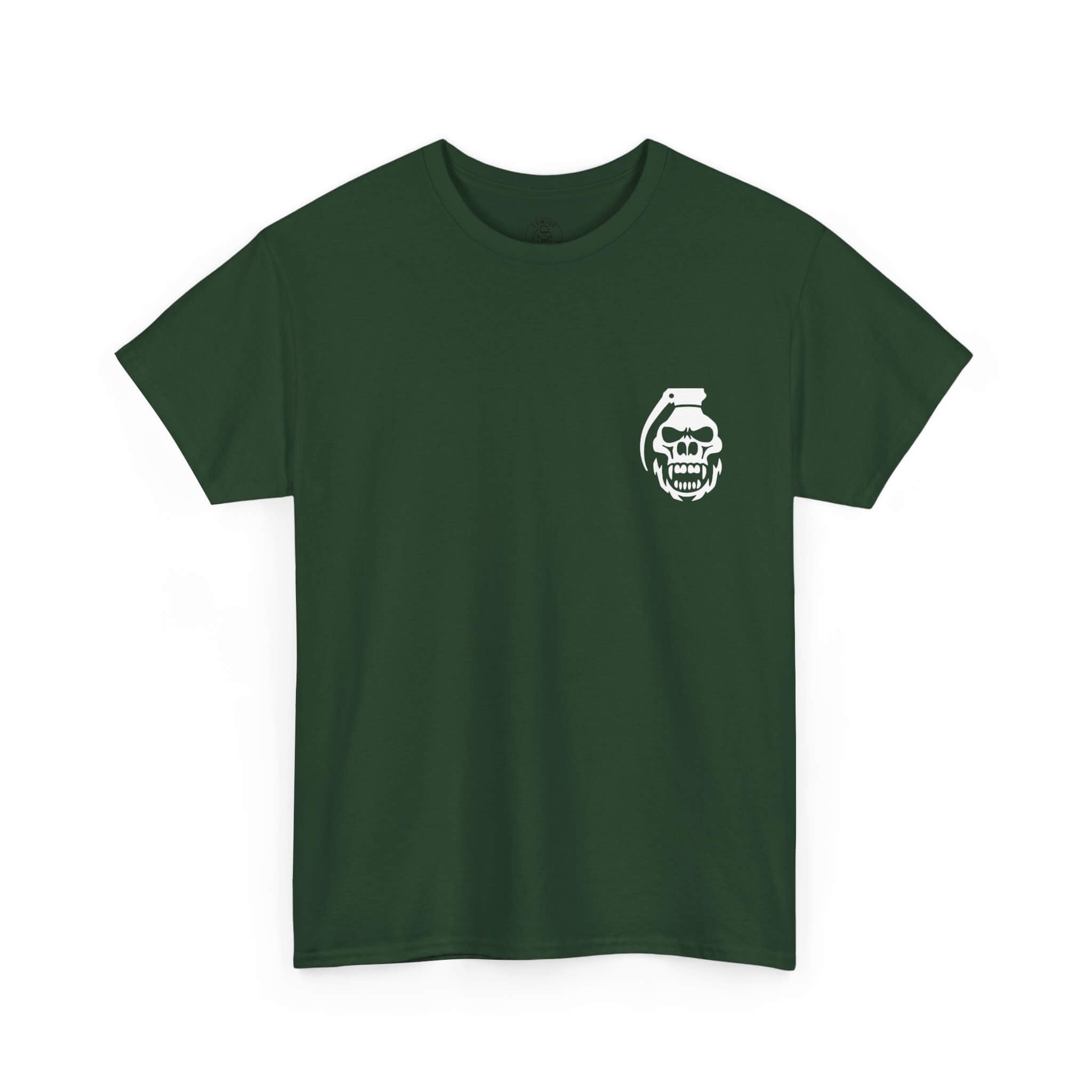 Forest Green COMIGO CLOTHING CO. Commando Battle Rattle t-shirt with a comigo skull grenade logo graphic on the front.