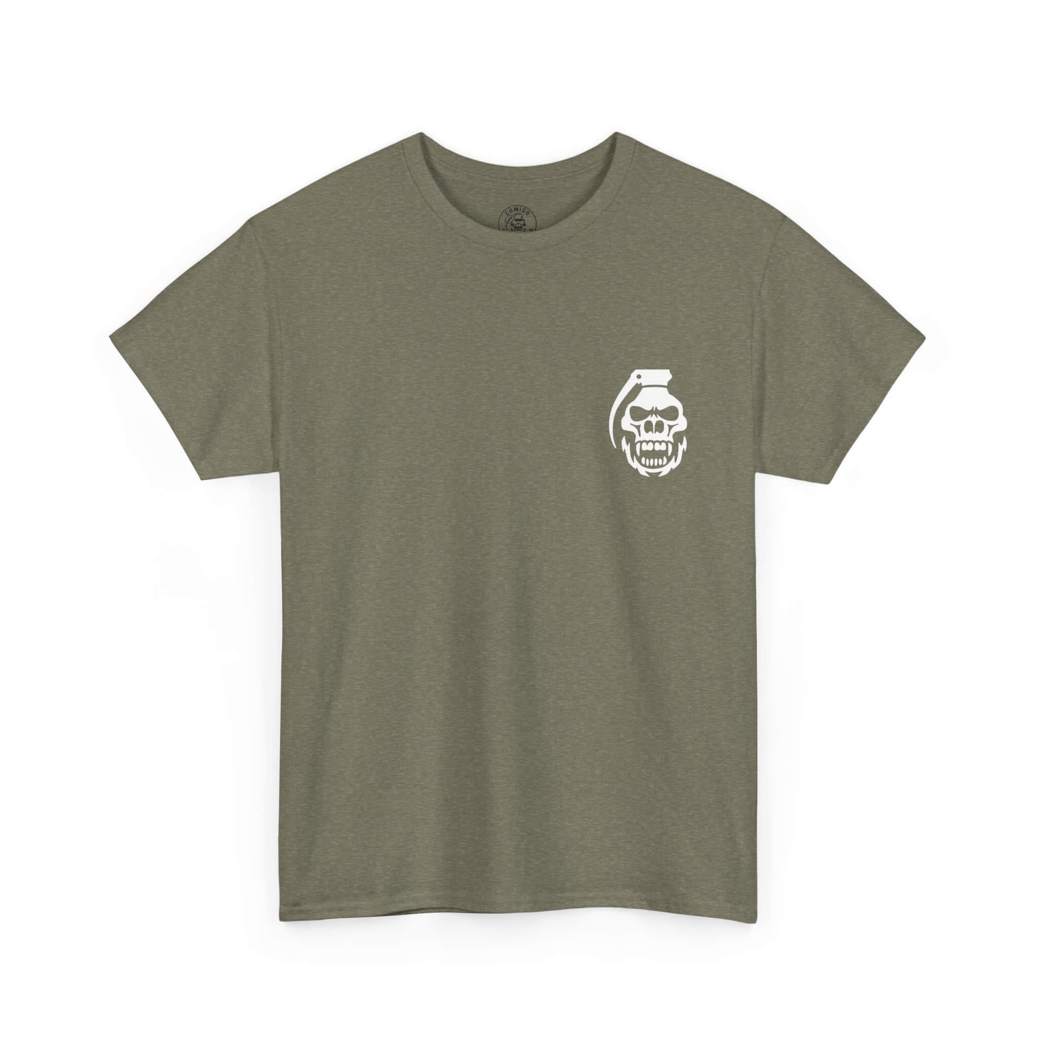 Military Green COMIGO CLOTHING CO. Original Comigo t-shirt with a comigo skull grenade logo graphic on the front.