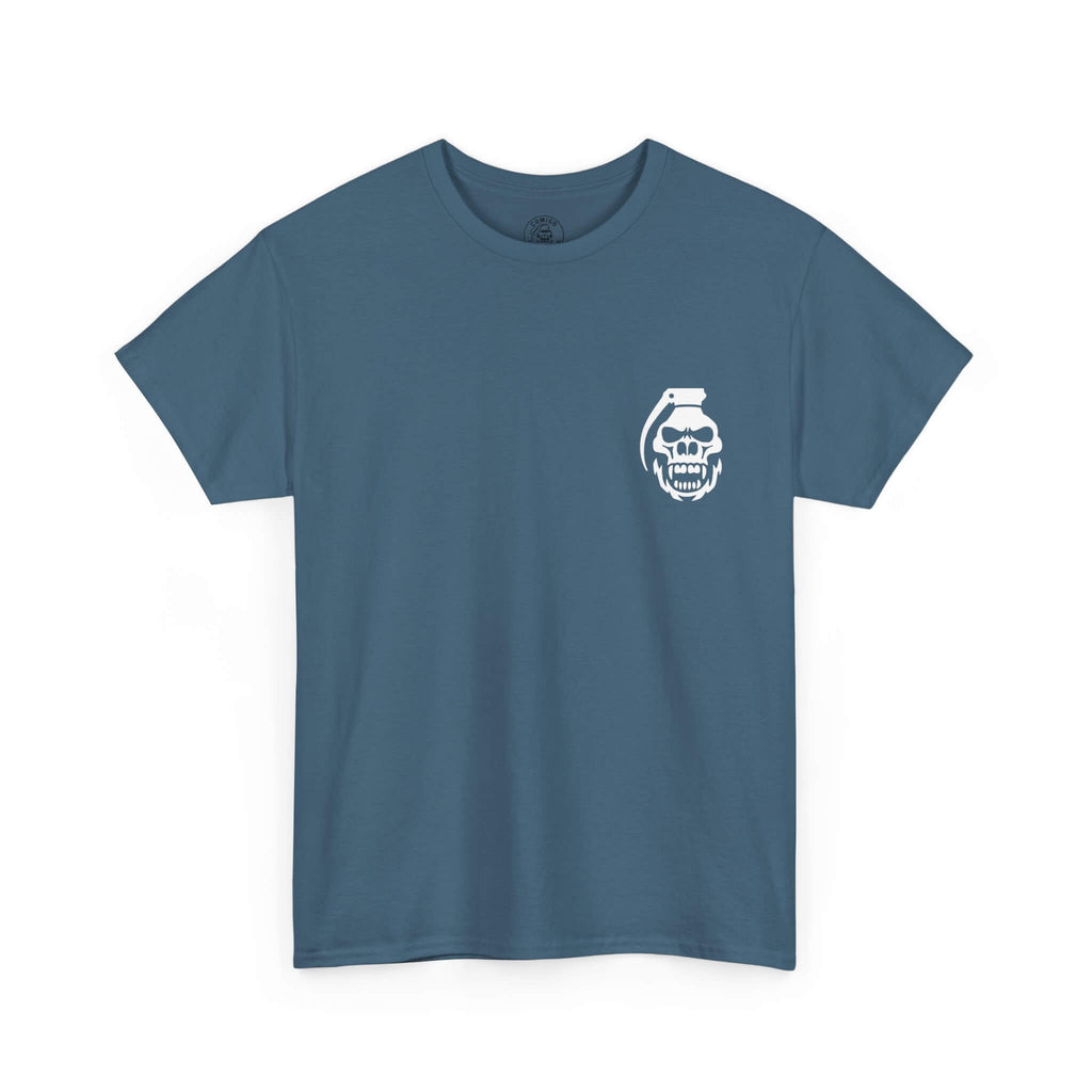 Indigo Blue COMIGO CLOTHING CO. Original Comigo t-shirt with a comigo skull grenade logo graphic on the front.