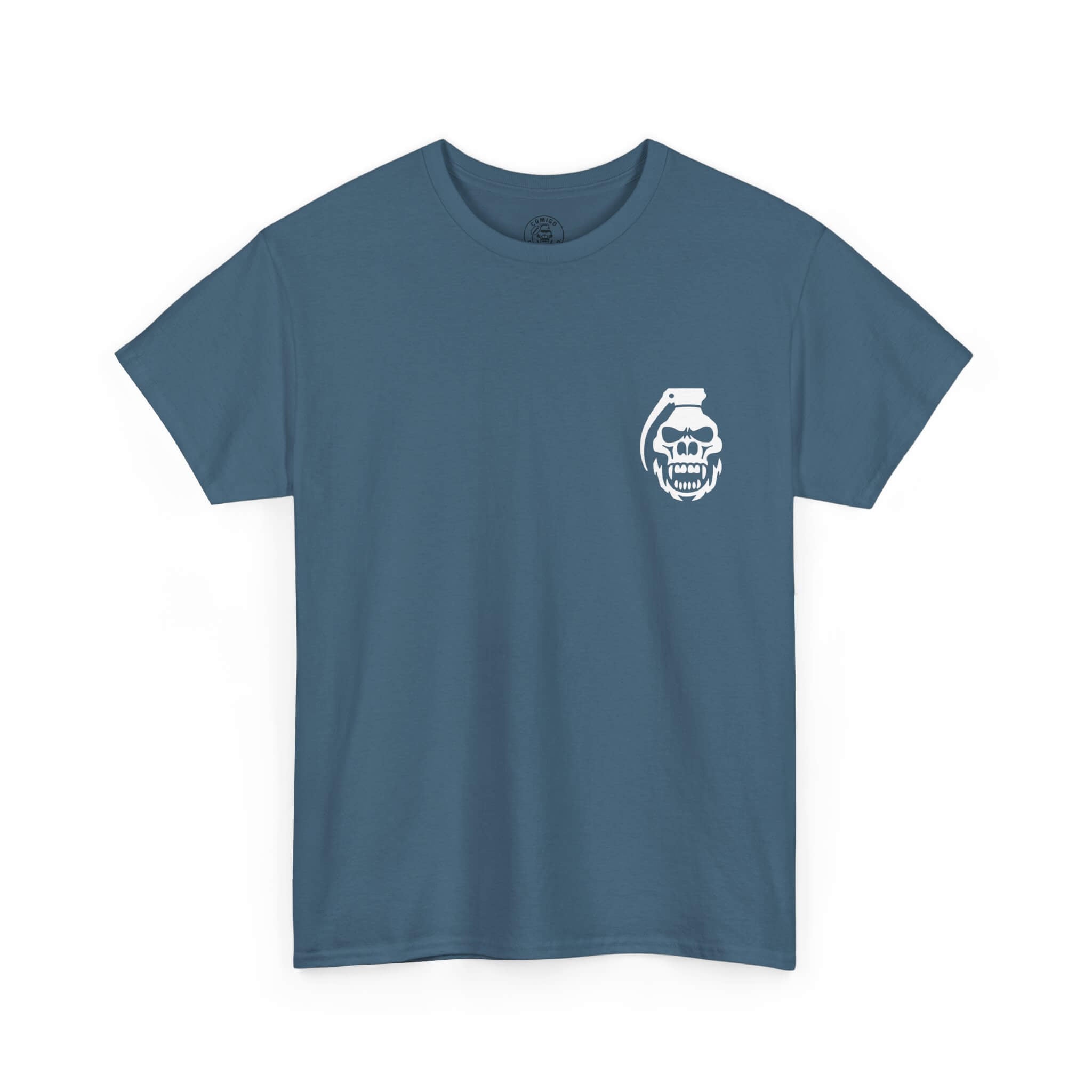 Indigo Blue COMIGO CLOTHING CO. Original Comigo t-shirt with a comigo skull grenade logo graphic on the front.
