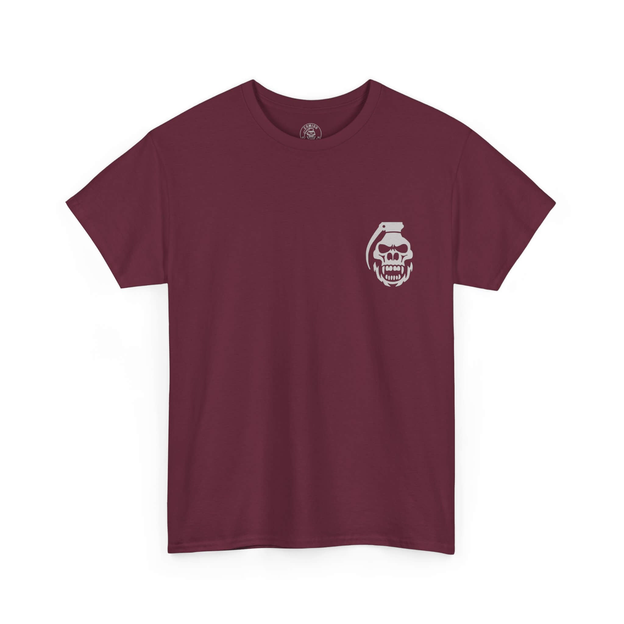 Maroon COMIGO CLOTHING CO. Bone Mechanic t-shirt with a comigo skull grenade logo graphic on the front.