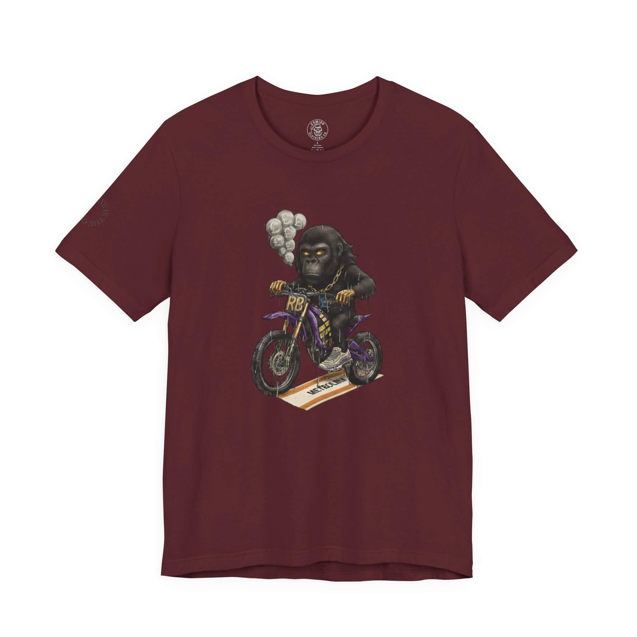 Maroon COMIGO CLOTHING CO. Rboss soft t-shirt with the rboss graphic on the front.