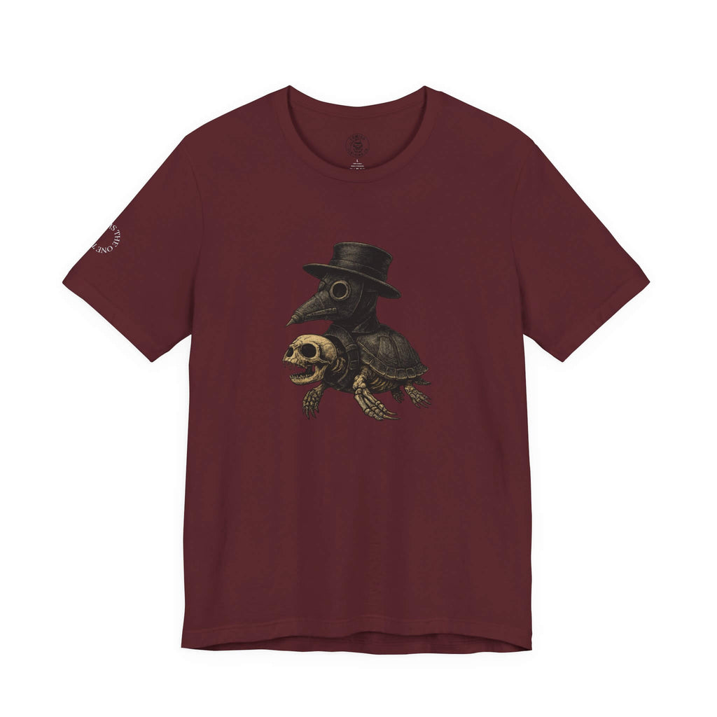 Maroon COMIGO CLOTHING CO. Shelleton Plague soft t-shirt with a shelleton plague graphic on the front.