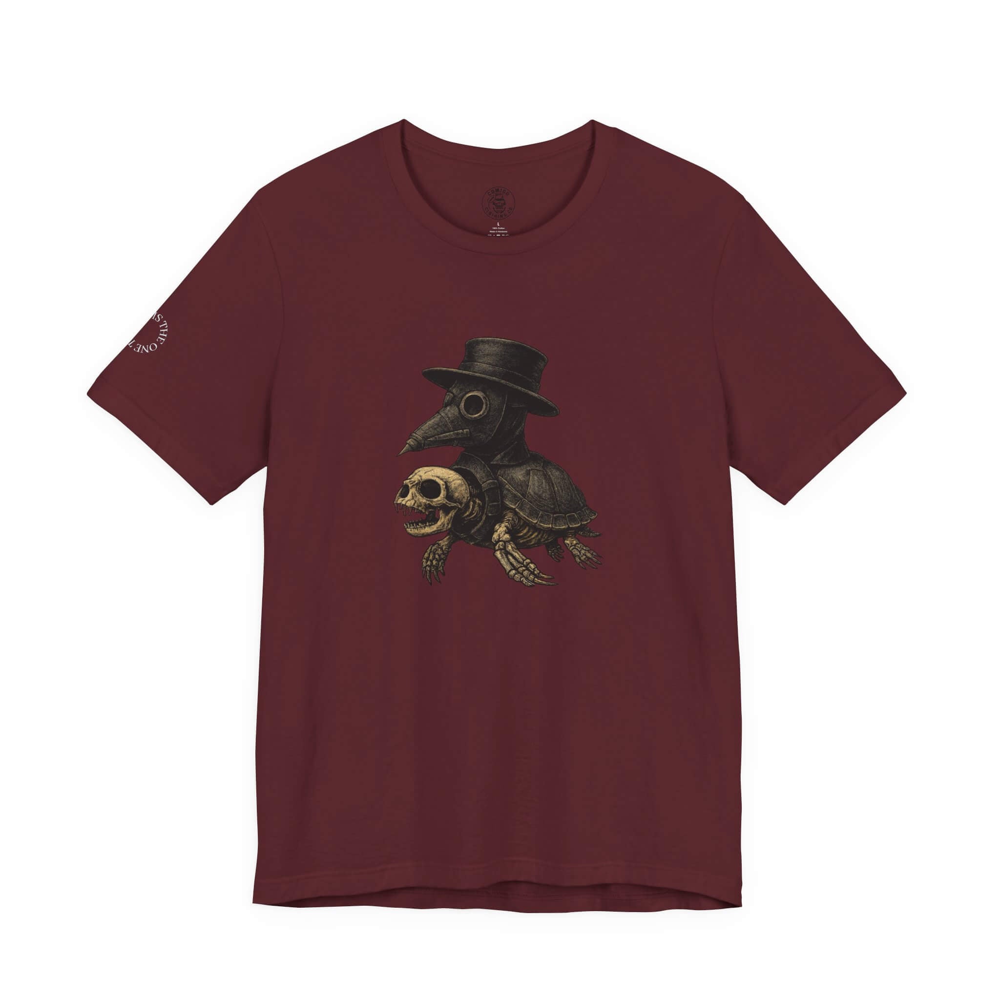 Maroon COMIGO CLOTHING CO. Shelleton Plague soft t-shirt with a shelleton plague graphic on the front.