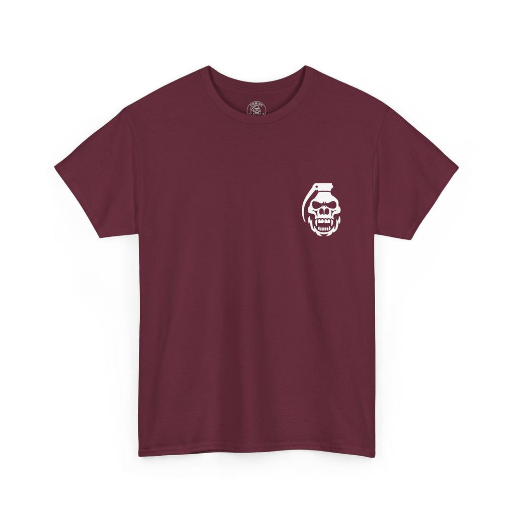 Maroon COMIGO CLOTHING CO. Spirit Watcher t-shirt with a comigo skull grenade logo graphic on the front.