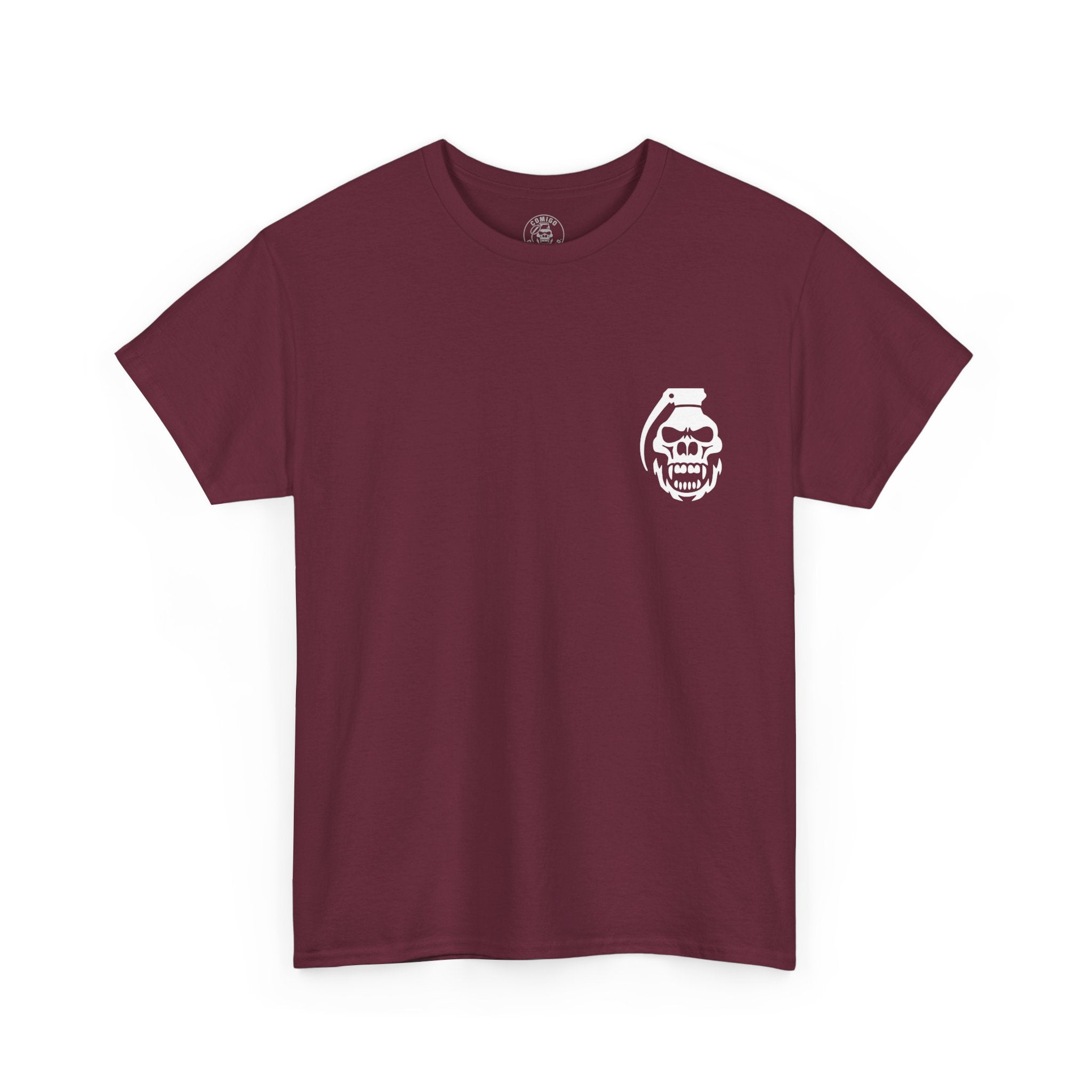 Maroon COMIGO CLOTHING CO. Spirit Watcher t-shirt with a comigo skull grenade logo graphic on the front.