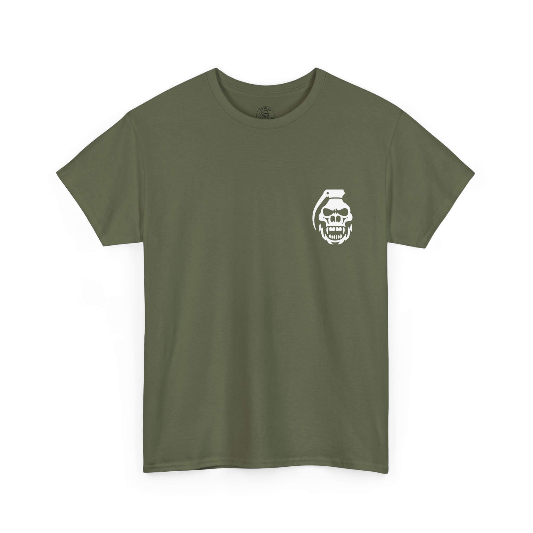 Military Green COMIGO CLOTHING CO. Commando Battle Rattle t-shirt with a comigo skull grenade logo graphic on the front.