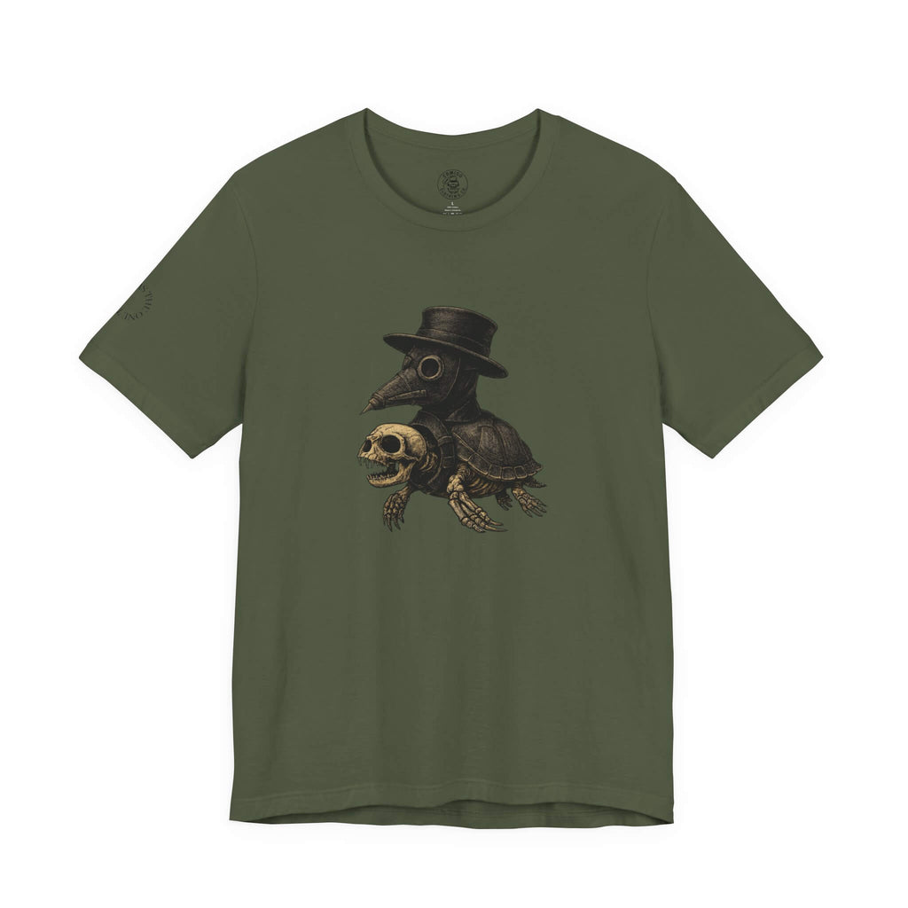 Military Green COMIGO CLOTHING CO. Shelleton Plague soft t-shirt with a shelleton plague graphic on the front.
