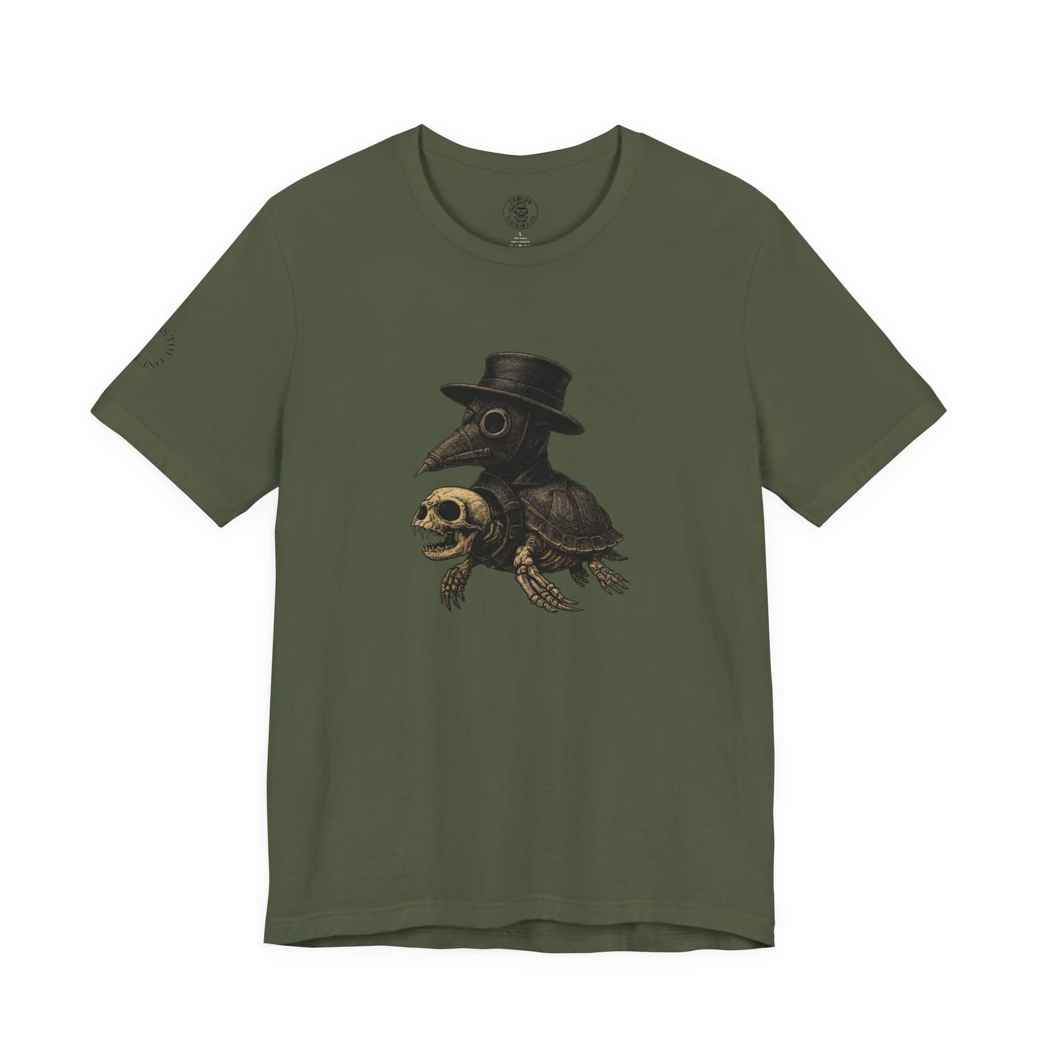 Military Green COMIGO CLOTHING CO. Shelleton Plague soft t-shirt with a shelleton plague graphic on the front.