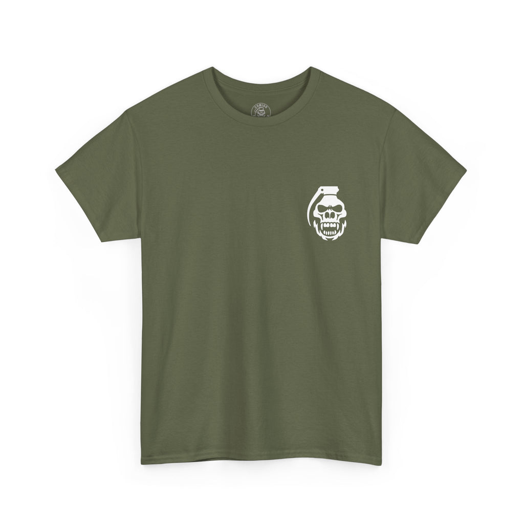 Military Green COMIGO CLOTHING CO. Spirit Watcher t-shirt with a comigo skull grenade logo graphic on the front.
