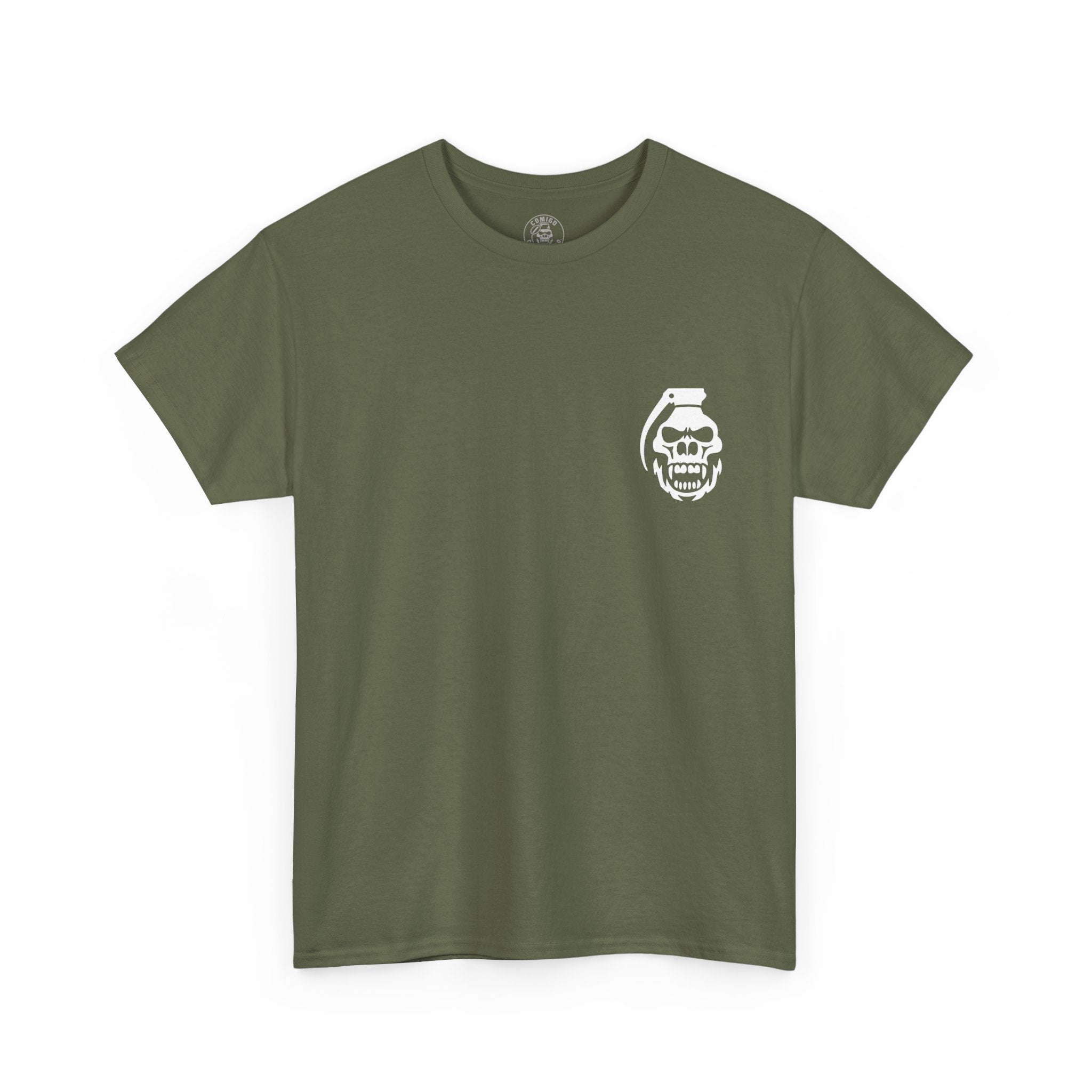 Military Green COMIGO CLOTHING CO. Spirit Watcher t-shirt with a comigo skull grenade logo graphic on the front.

