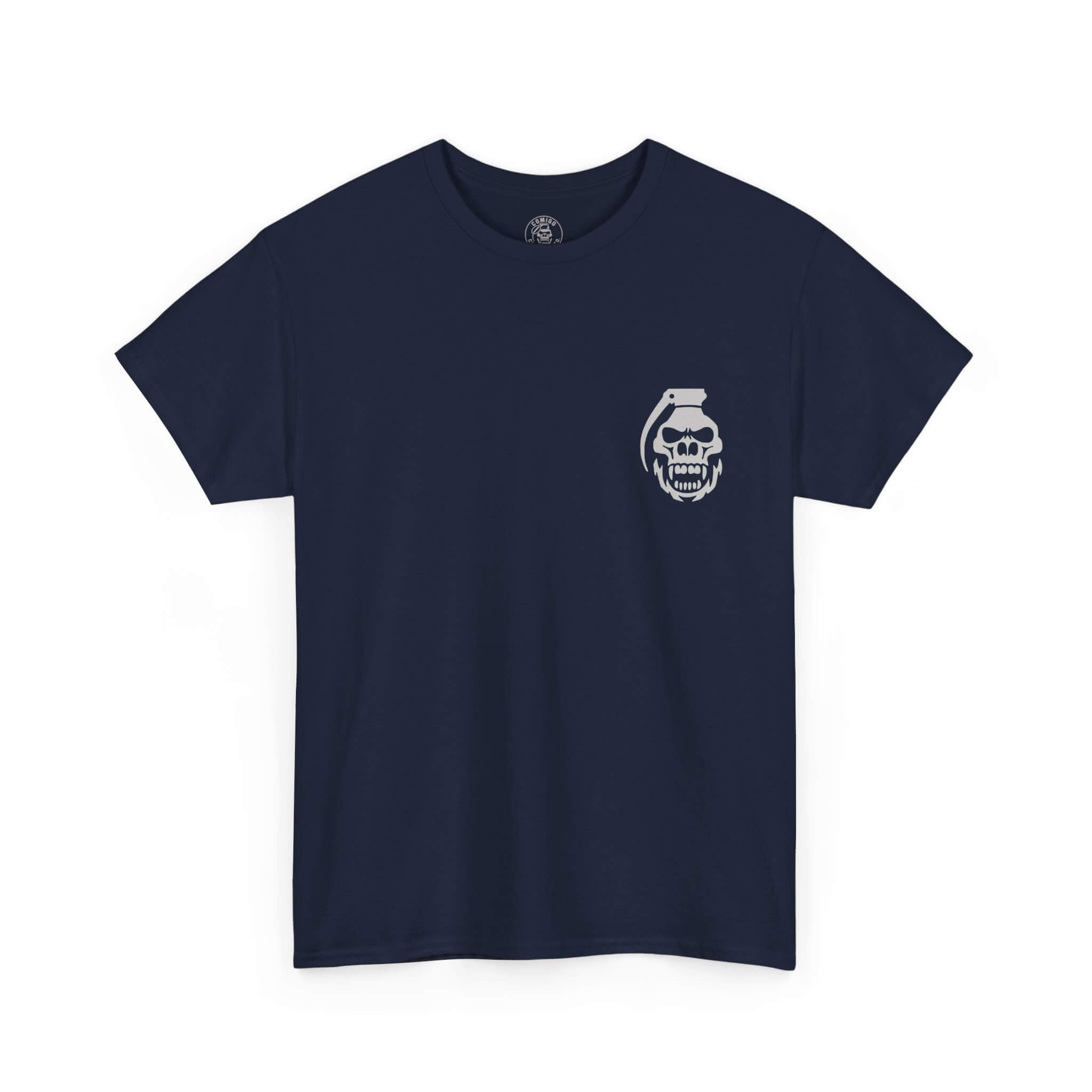 Navy COMIGO CLOTHING CO. Bone Mechanic t-shirt with a comigo skull grenade logo graphic on the front.
