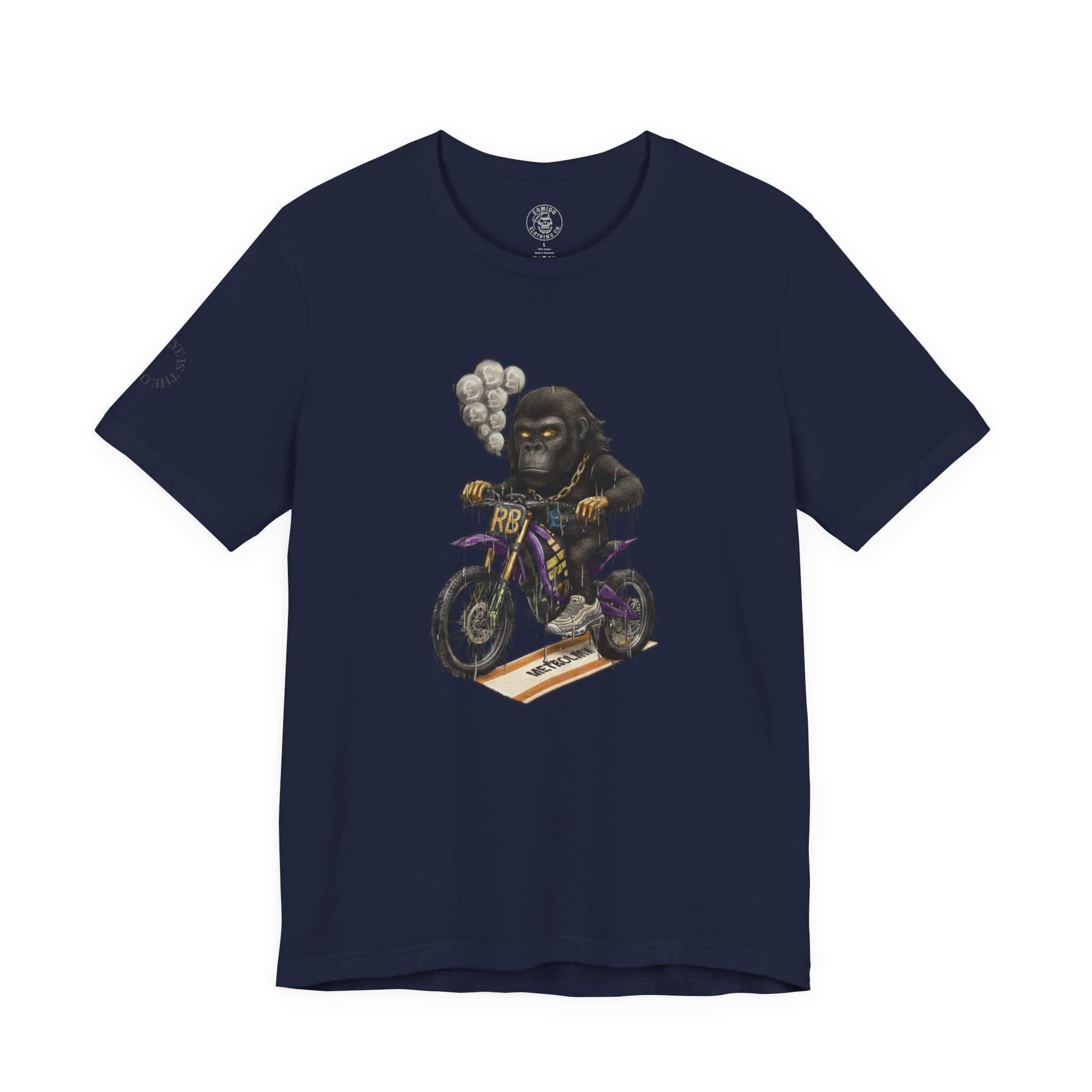 Navy COMIGO CLOTHING CO. Rboss soft t-shirt with the rboss graphic on the front.