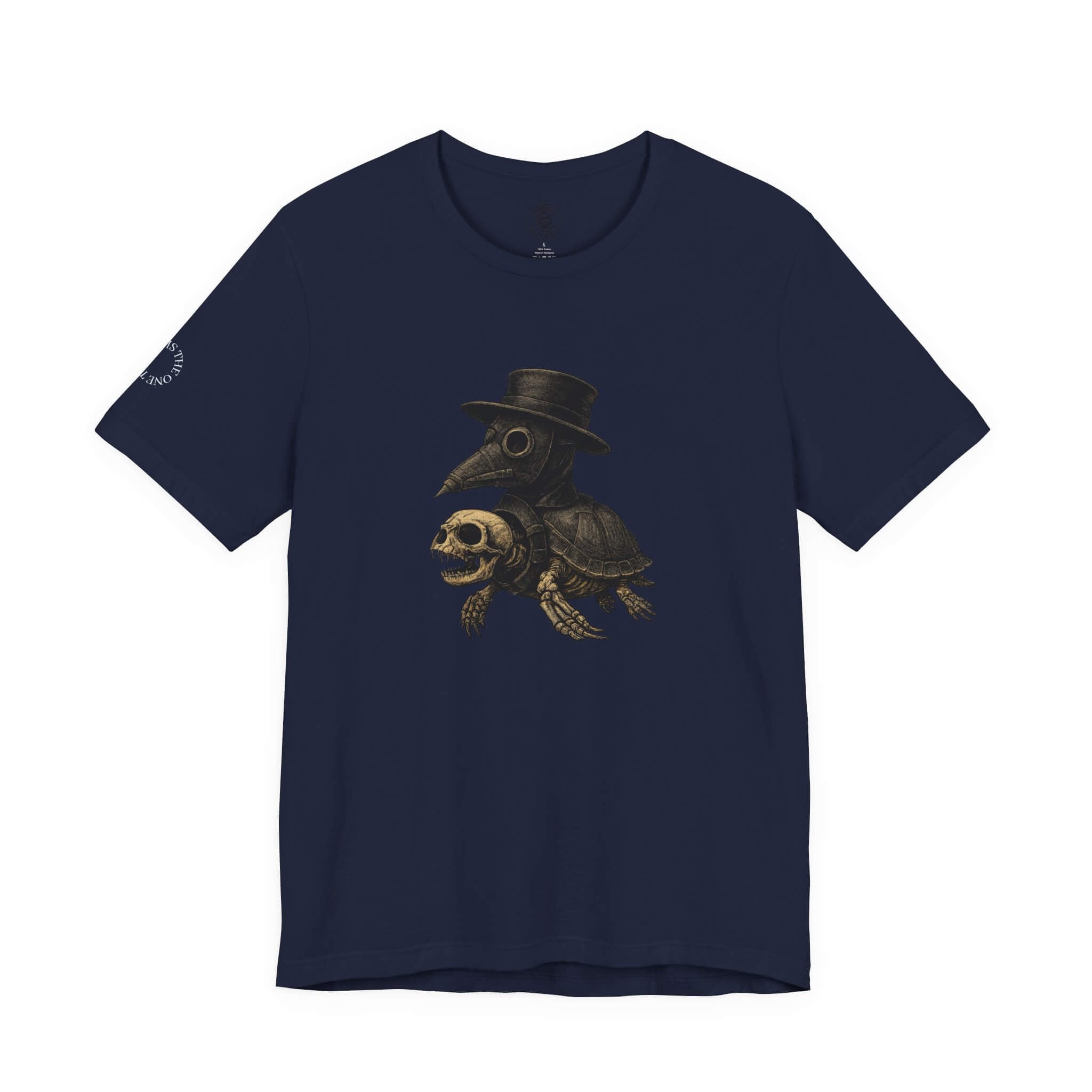 Navy COMIGO CLOTHING CO. Shelleton Plague soft t-shirt with a shelleton plague graphic on the front.