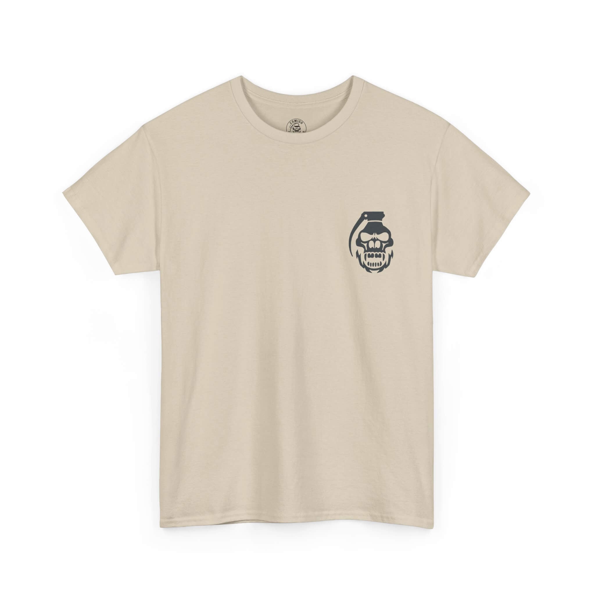 Sand COMIGO CLOTHING CO. Alchemist of Cards t-shirt with a comigo skull grenade logo graphic on the front.