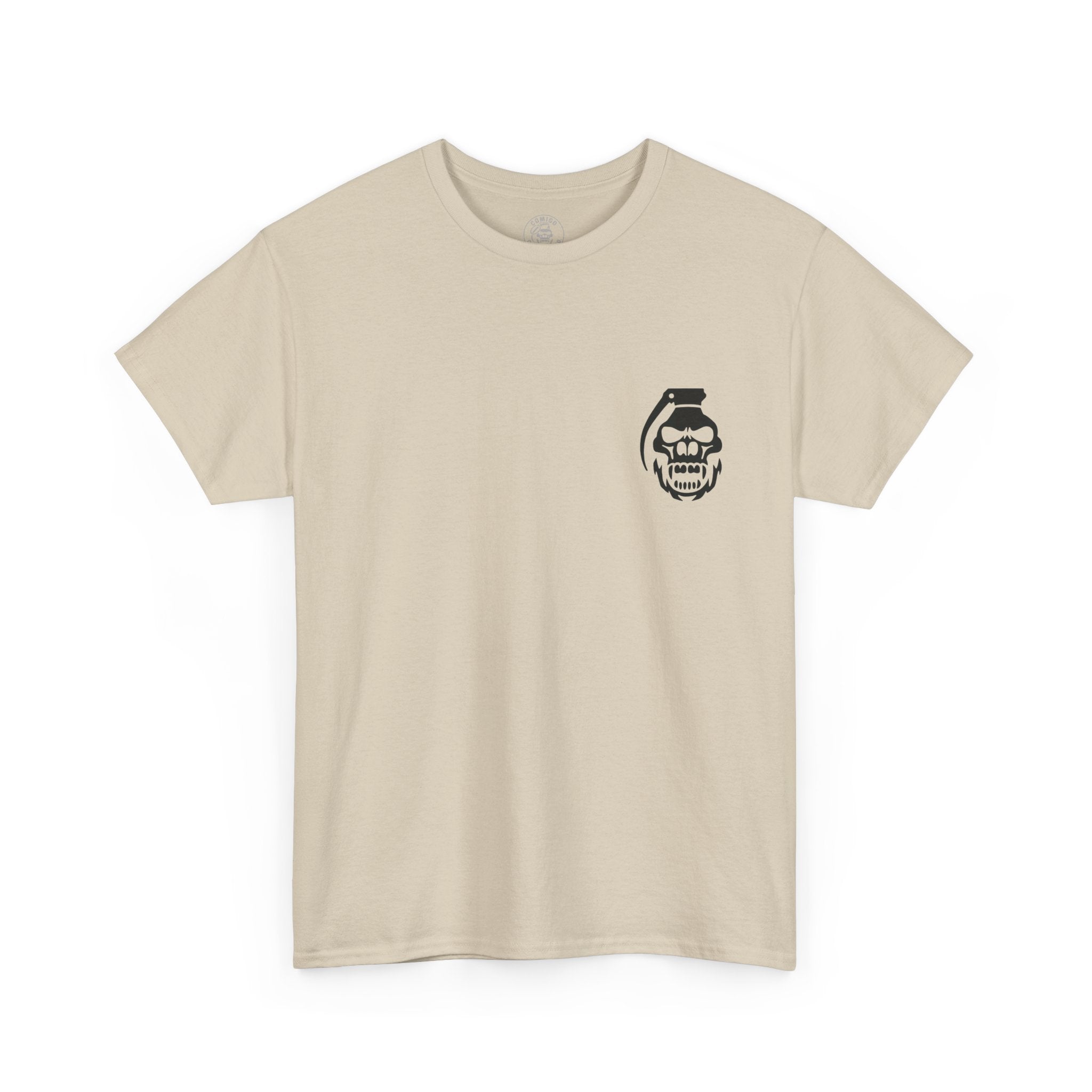 Sand COMIGO CLOTHING CO. Spirit Watcher t-shirt with a comigo skull grenade logo graphic on the front.