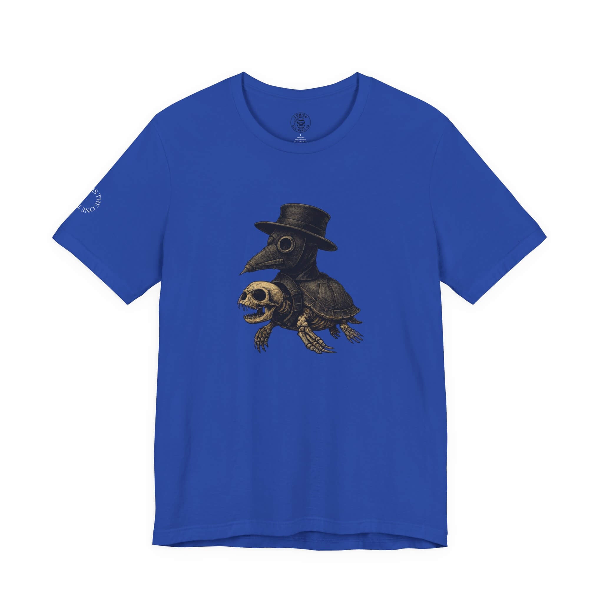 True Royal COMIGO CLOTHING CO. Shelleton Plague soft t-shirt with a shelleton plague graphic on the front.