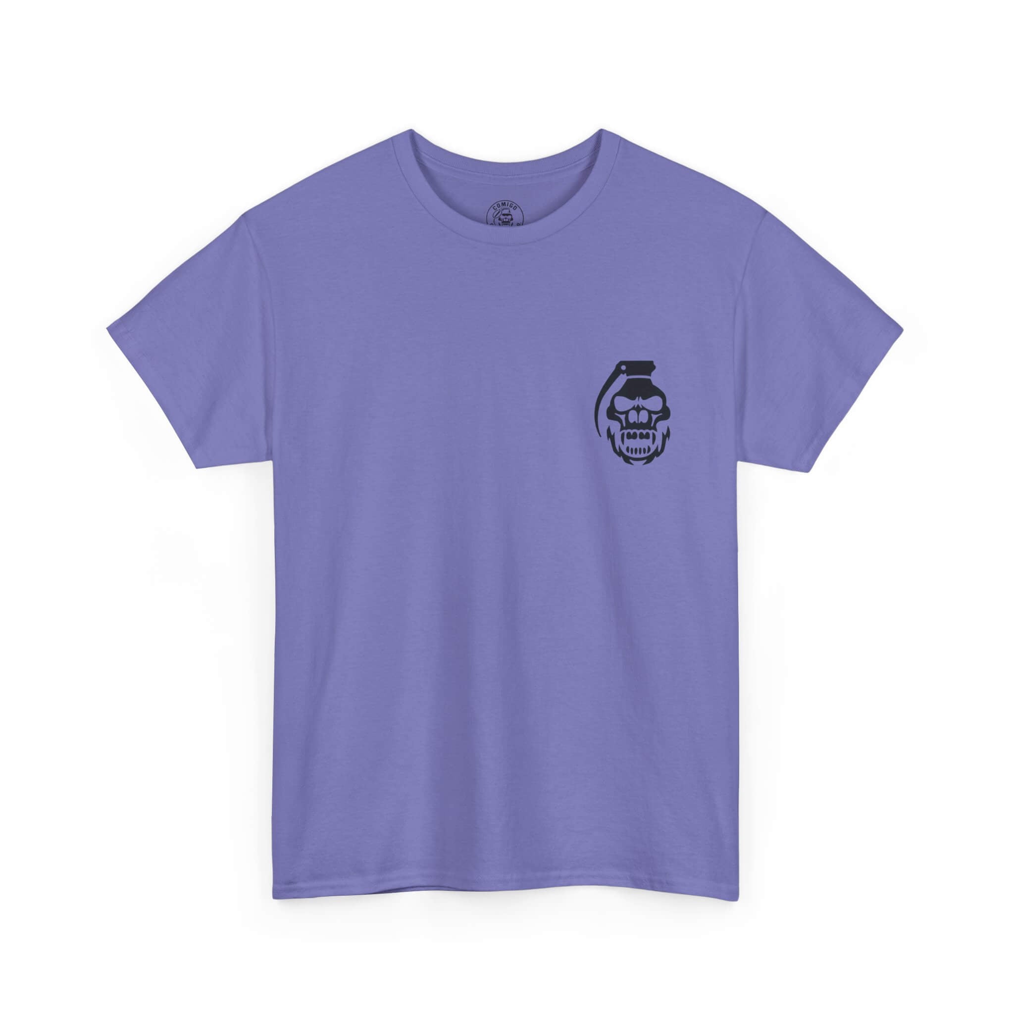 White COMIGO CLOTHING CO. Original Comigo t-shirt with a comigo skull grenade logo graphic on the front.