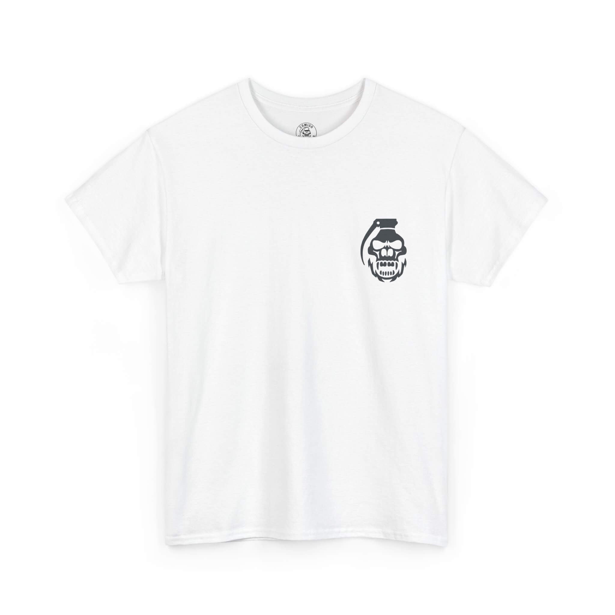White COMIGO CLOTHING CO. Alchemist of Cards t-shirt with a comigo skull grenade logo graphic on the front.