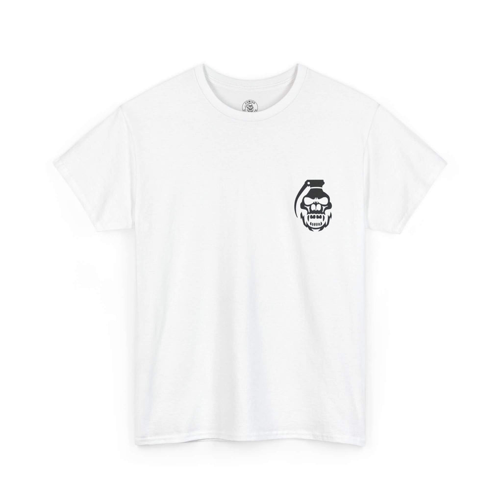 White COMIGO CLOTHING CO. Bone Mechanic t-shirt with a comigo skull grenade logo graphic on the front.
