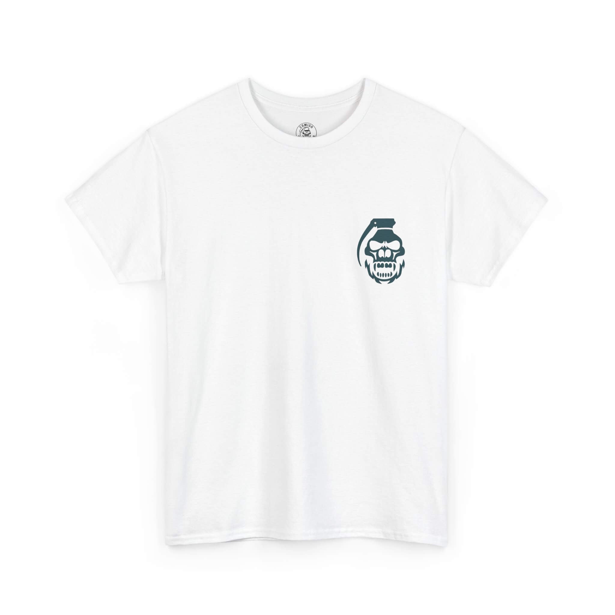 White COMIGO CLOTHING CO. Commando Battle Rattle t-shirt with a comigo skull grenade logo graphic on the front.