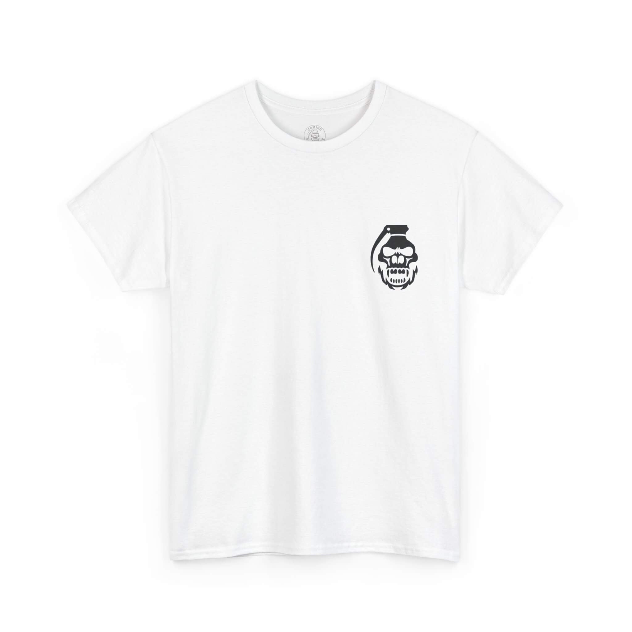 White COMIGO CLOTHING CO. Krakens Ransom t-shirt with a comigo skull grenade logo graphic on the front







