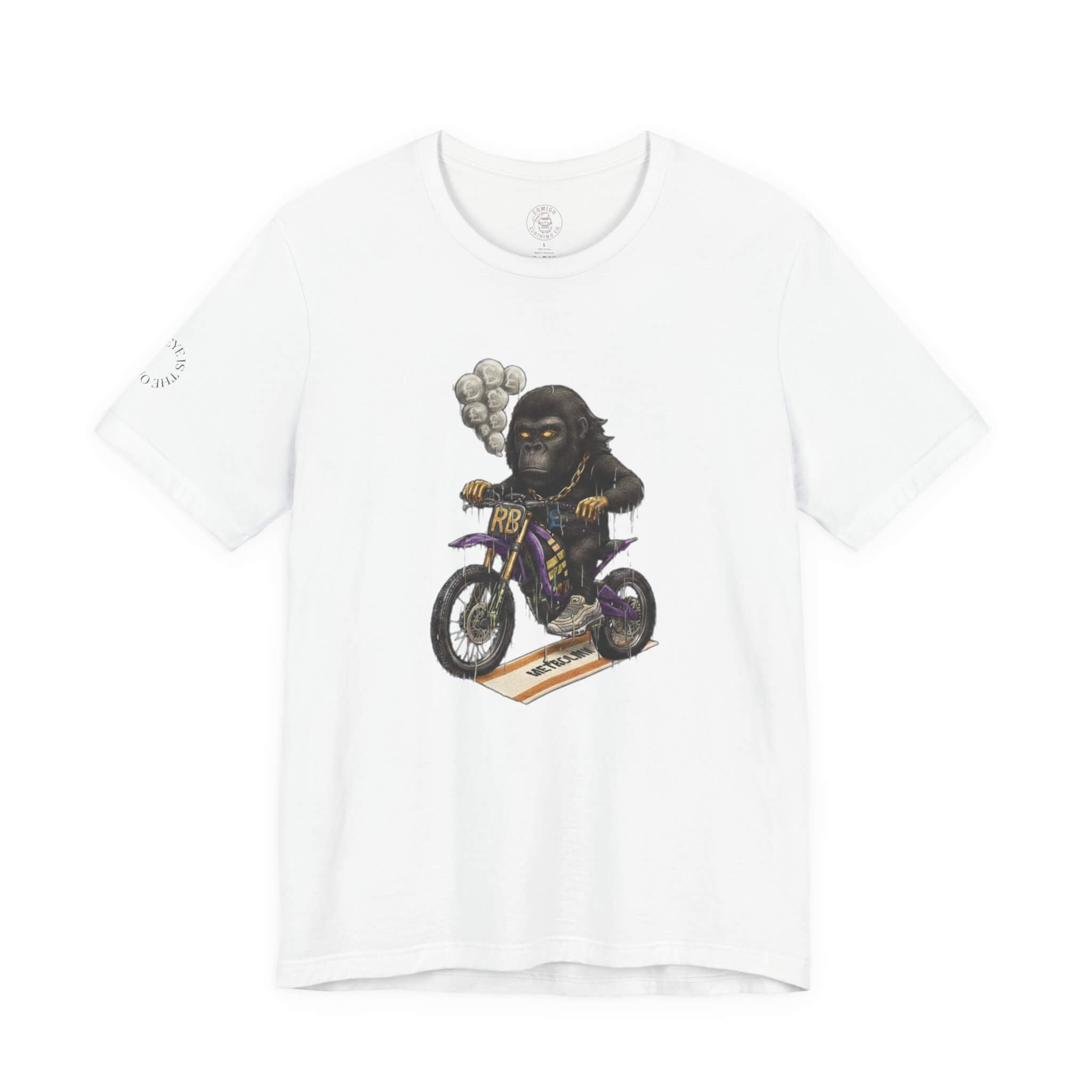 White COMIGO CLOTHING CO. Rboss soft t-shirt with the rboss graphic on the front.