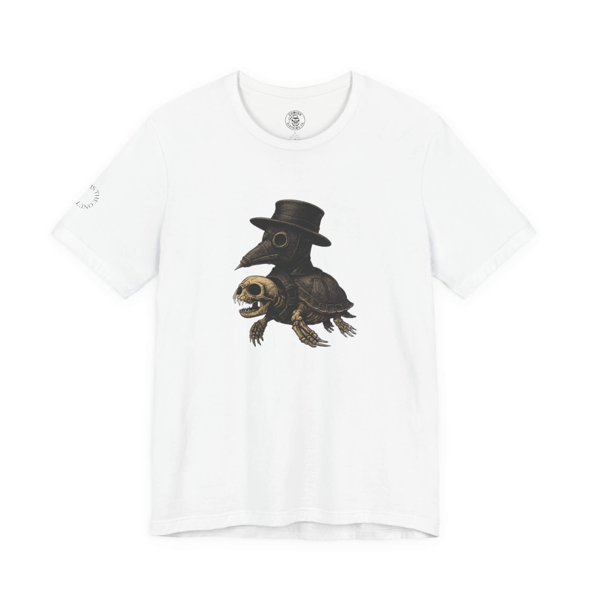 White COMIGO CLOTHING CO. Shelleton Plague soft t-shirt with a shelleton plague graphic on the front.