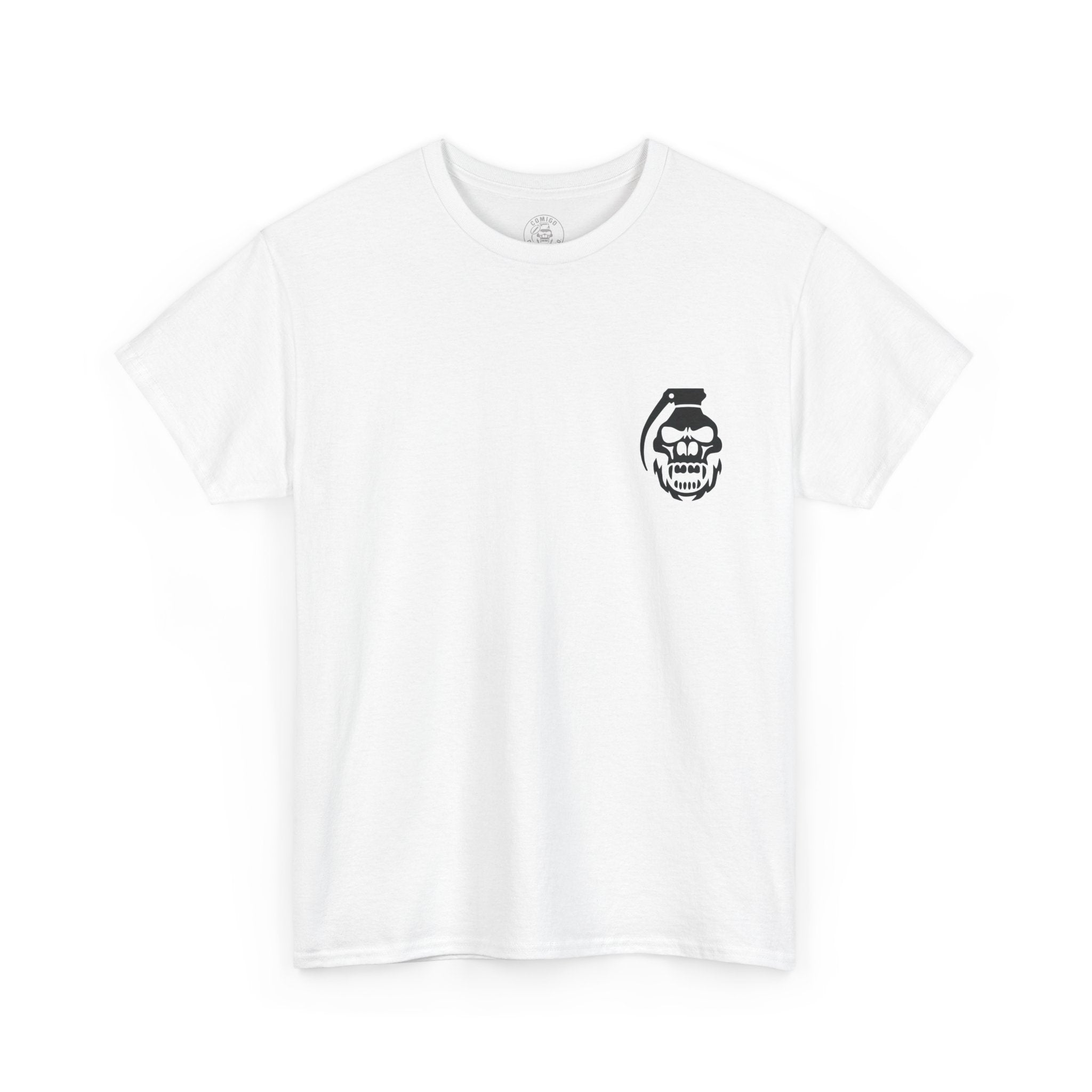 White COMIGO CLOTHING CO. Spirit Watcher t-shirt with a comigo skull grenade logo graphic on the front.