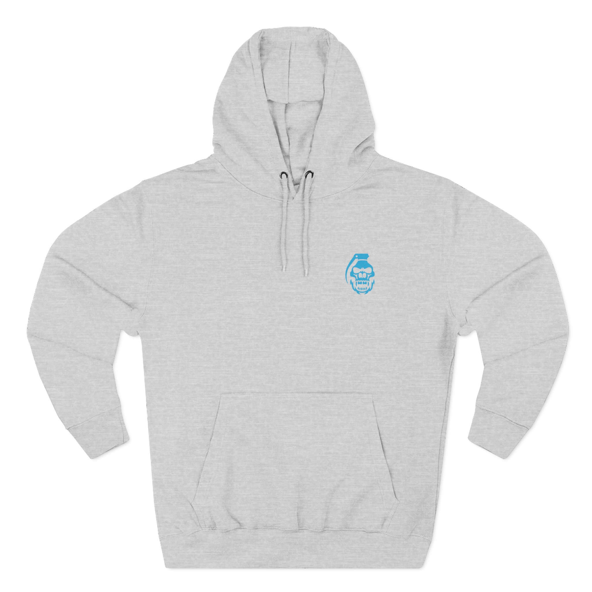 Heather Grey front: "Heather Grey COMIGO CLOTHING CO. Static Boom hoodie with a gorilla skull grenade graphic on the front."
