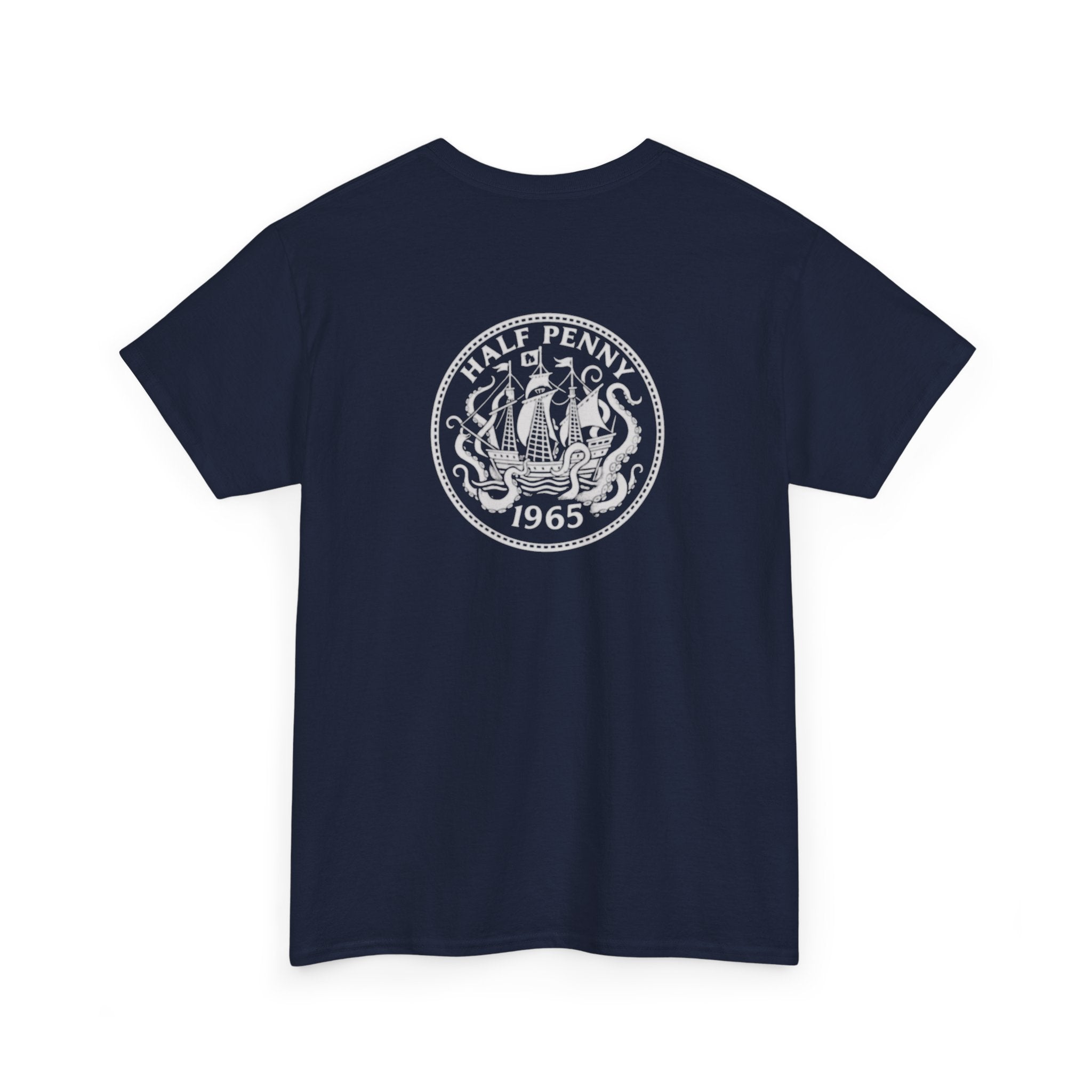 Navy blue t-shirt with a white logo on the back against a white background krakens-ransom-tee-back-navy