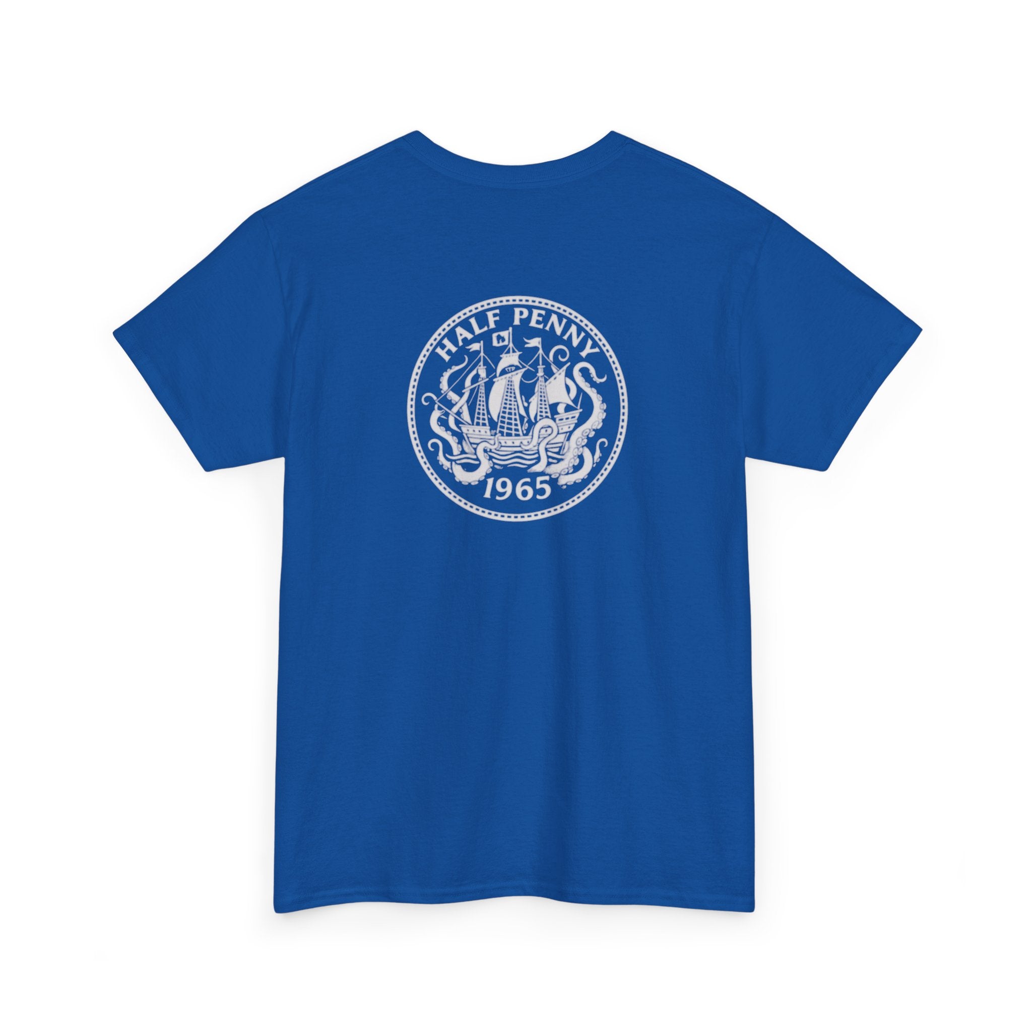 Blue t-shirt with a white logo on the back against a white background krakens-ransom-tee-back-royal