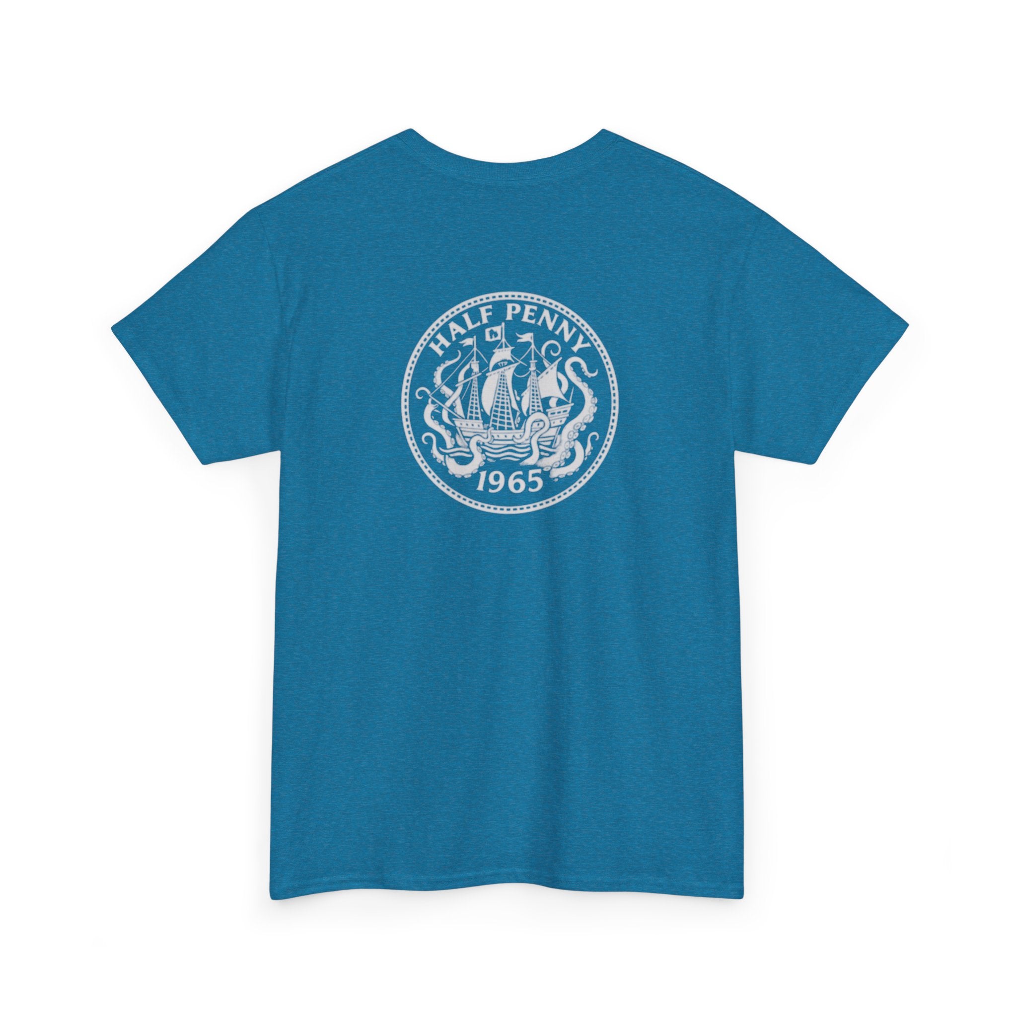 Blue t-shirt with a white logo on the back against a white background krakens-ransom-tee-back-sapphire