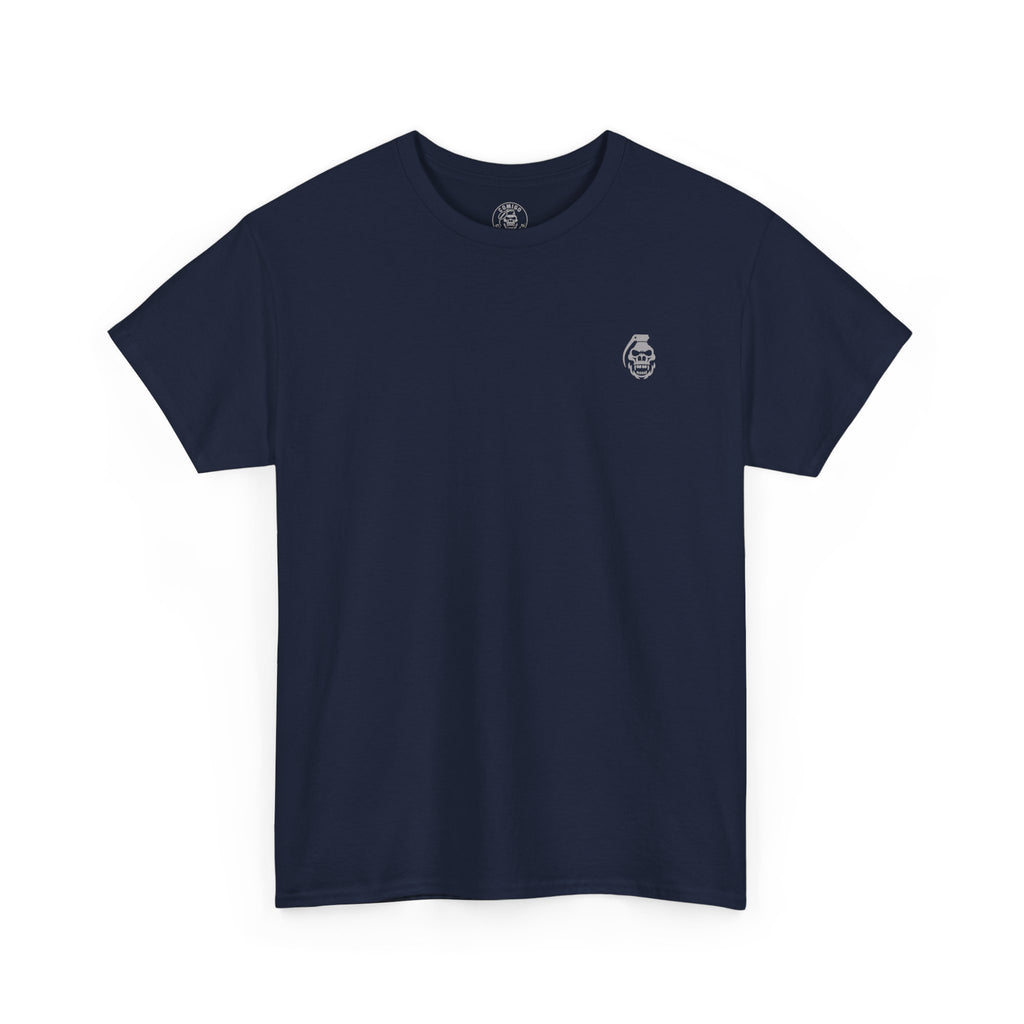 Navy blue t-shirt with a small logo on a white background krakens-ransom-tee-front-navy