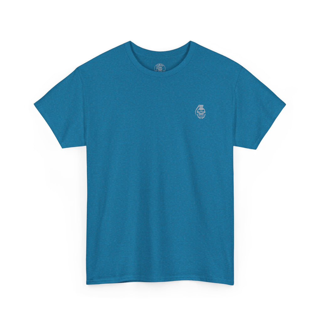 Blue t-shirt with a small logo on a white background krakens-ransom-tee-front-royal