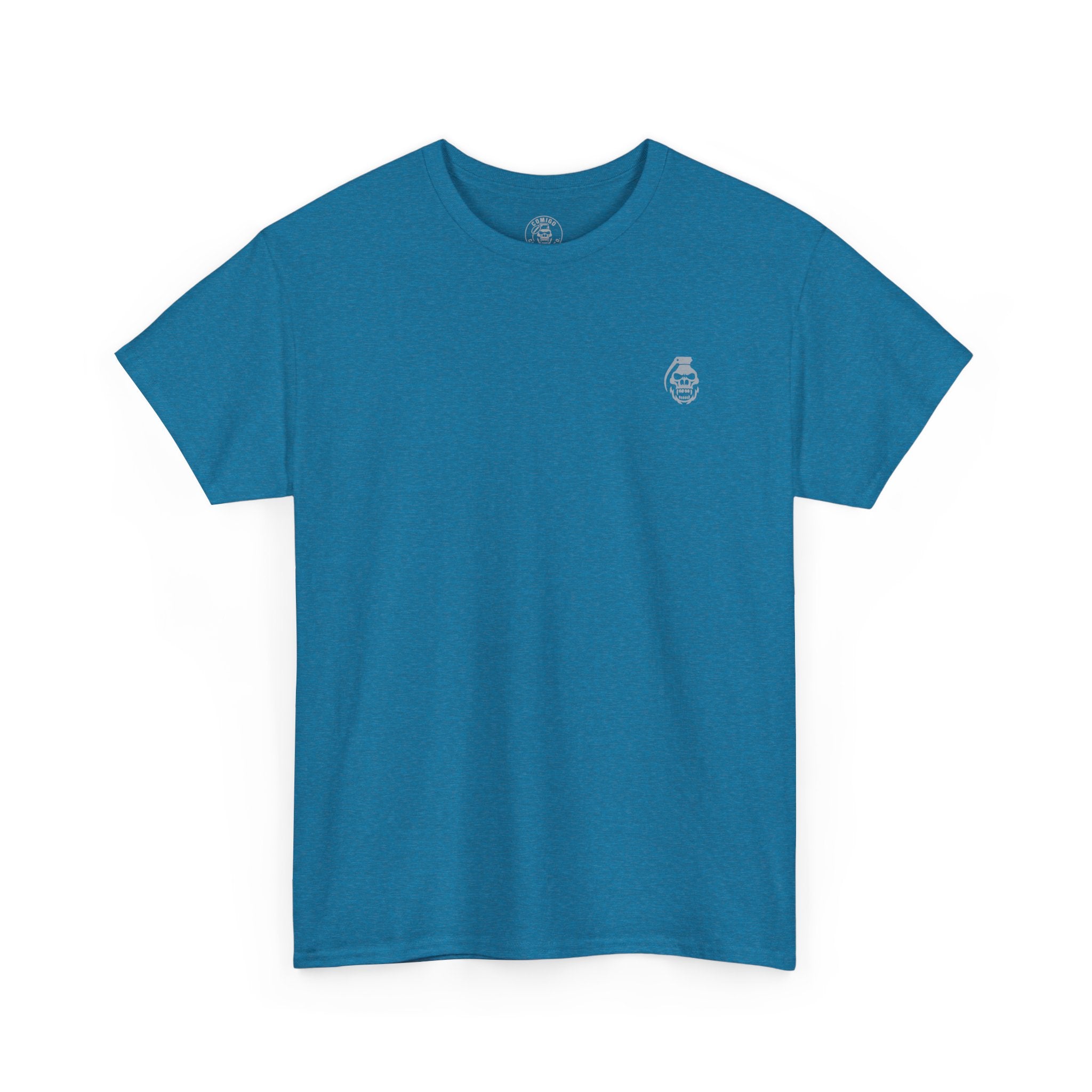 Blue t-shirt with a small logo on a white background krakens-ransom-tee-front-royal