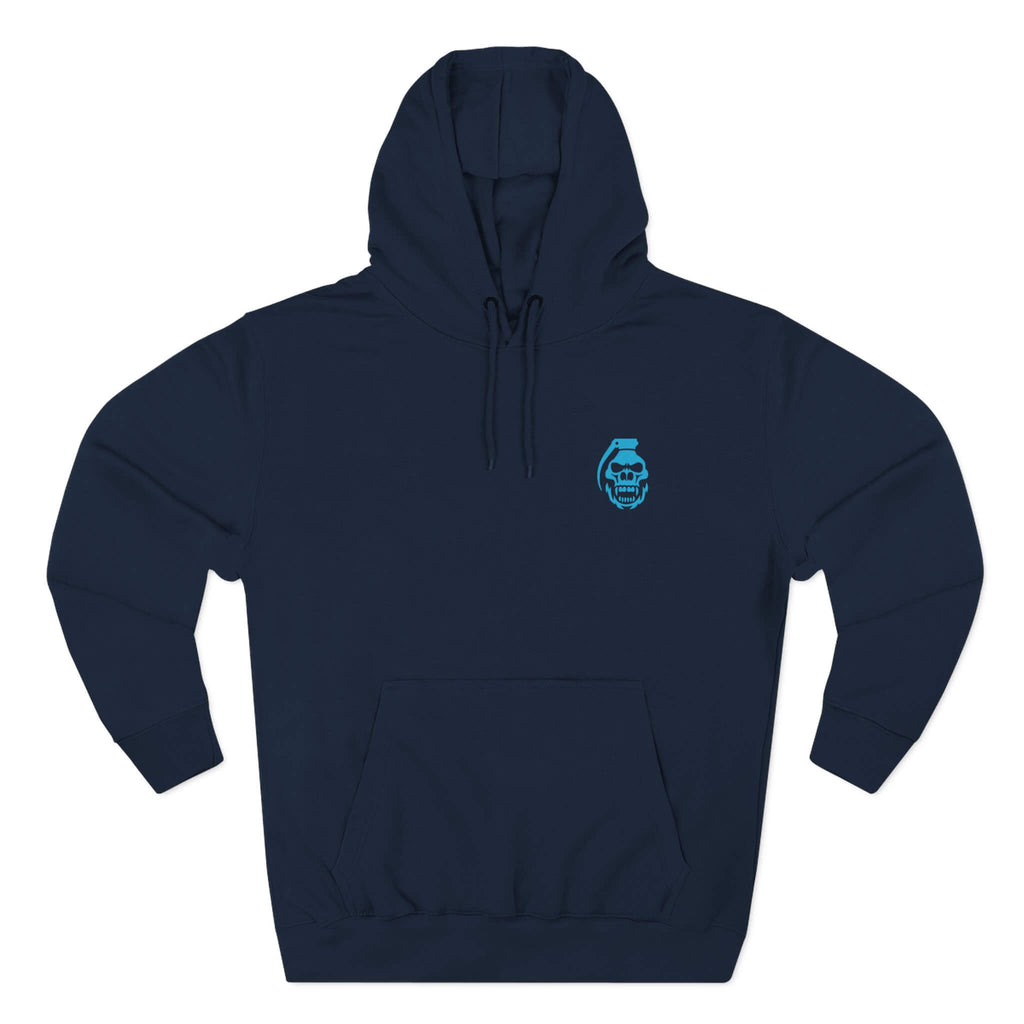 Navy front: "Navy COMIGO CLOTHING CO. Static Boom hoodie with a gorilla skull grenade graphic on the front."
