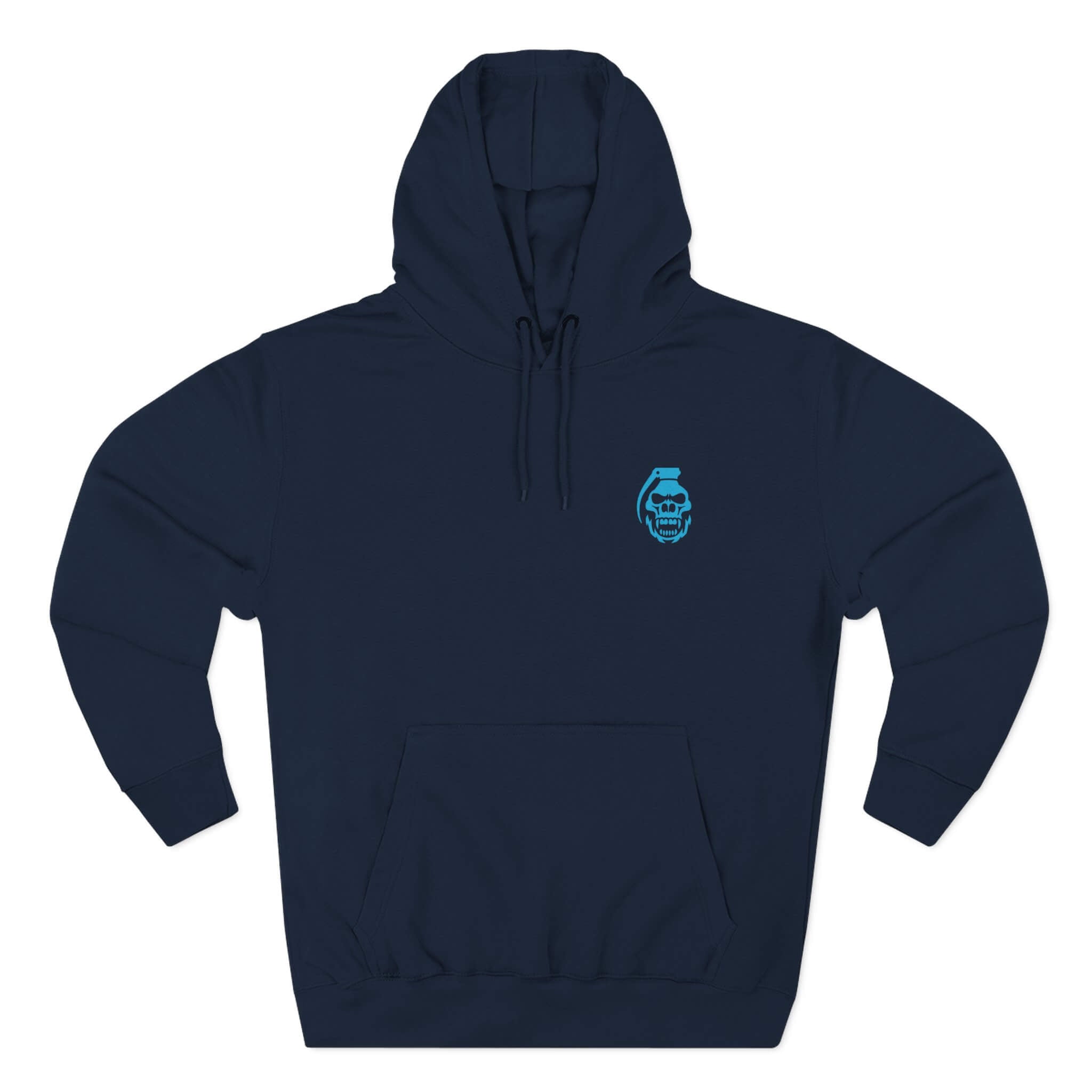Navy front: "Navy COMIGO CLOTHING CO. Static Boom hoodie with a gorilla skull grenade graphic on the front."
