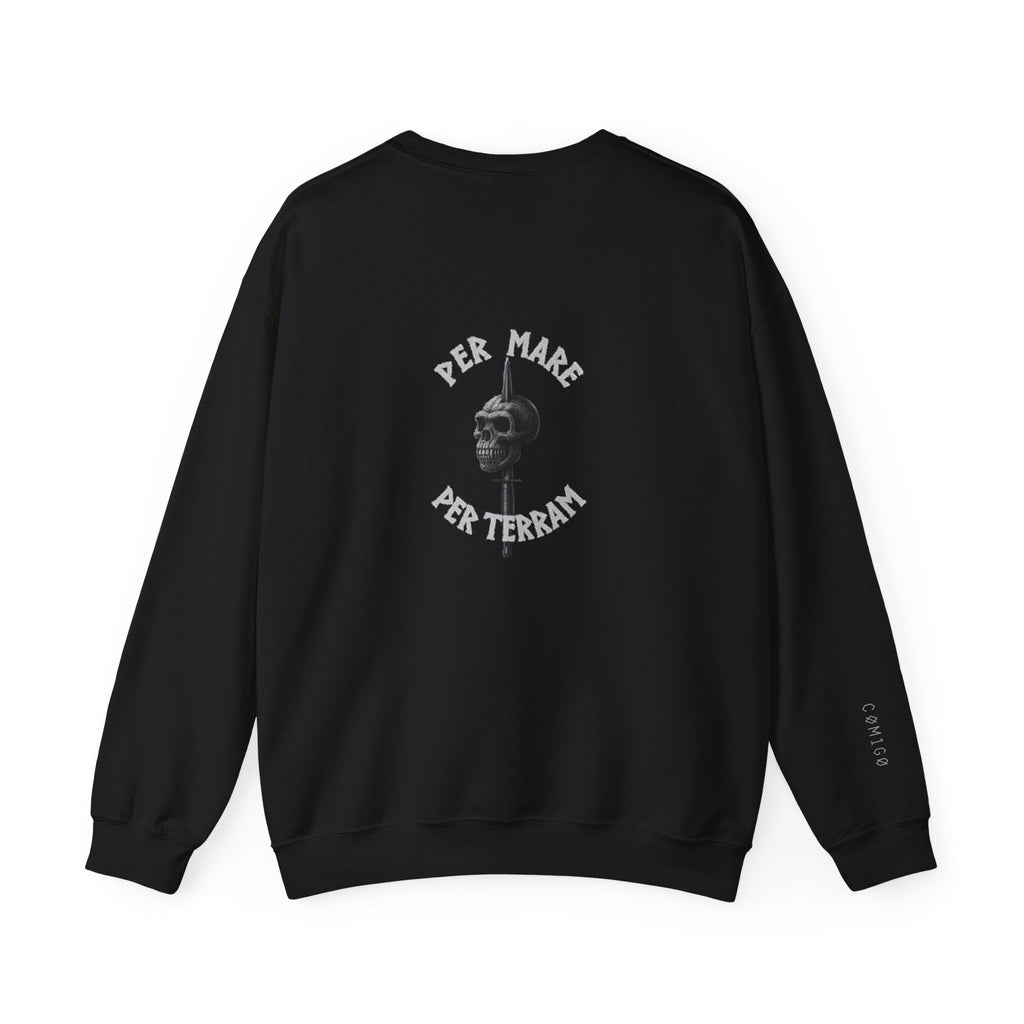 Black sweatshirt with white graphic and text on a white background per mare per terram Royal Marines