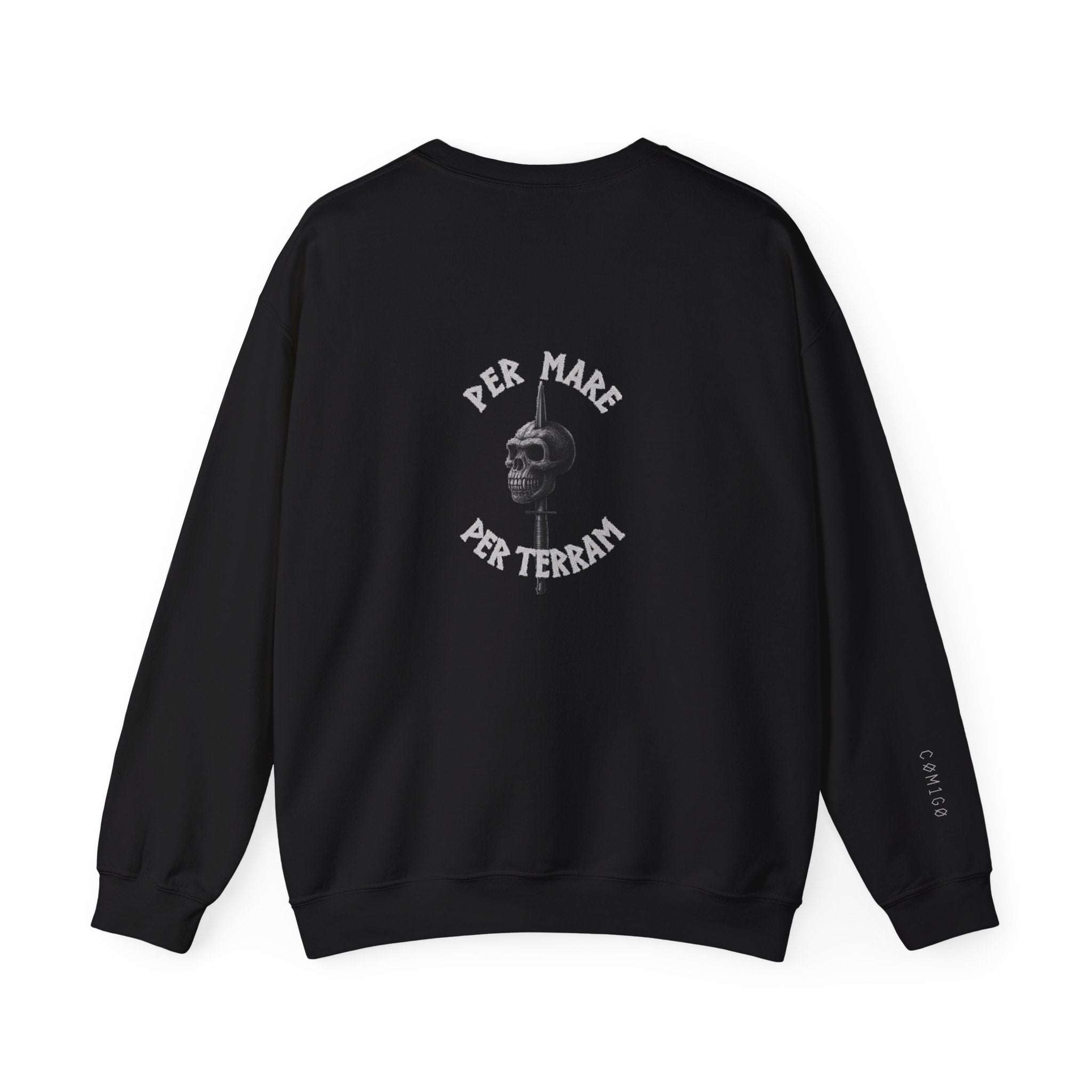 Black sweatshirt with white graphic and text on a white background per mare per terram Royal Marines