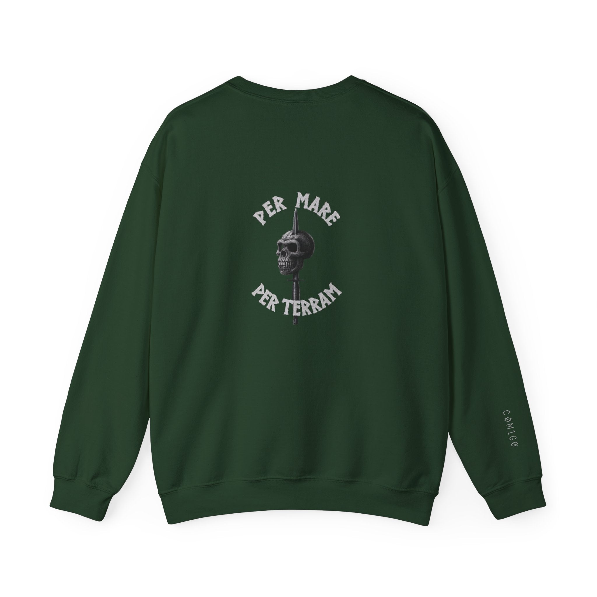 Green sweatshirt with a skull design and text on the back, on a white background per mare per terram Royal Marines