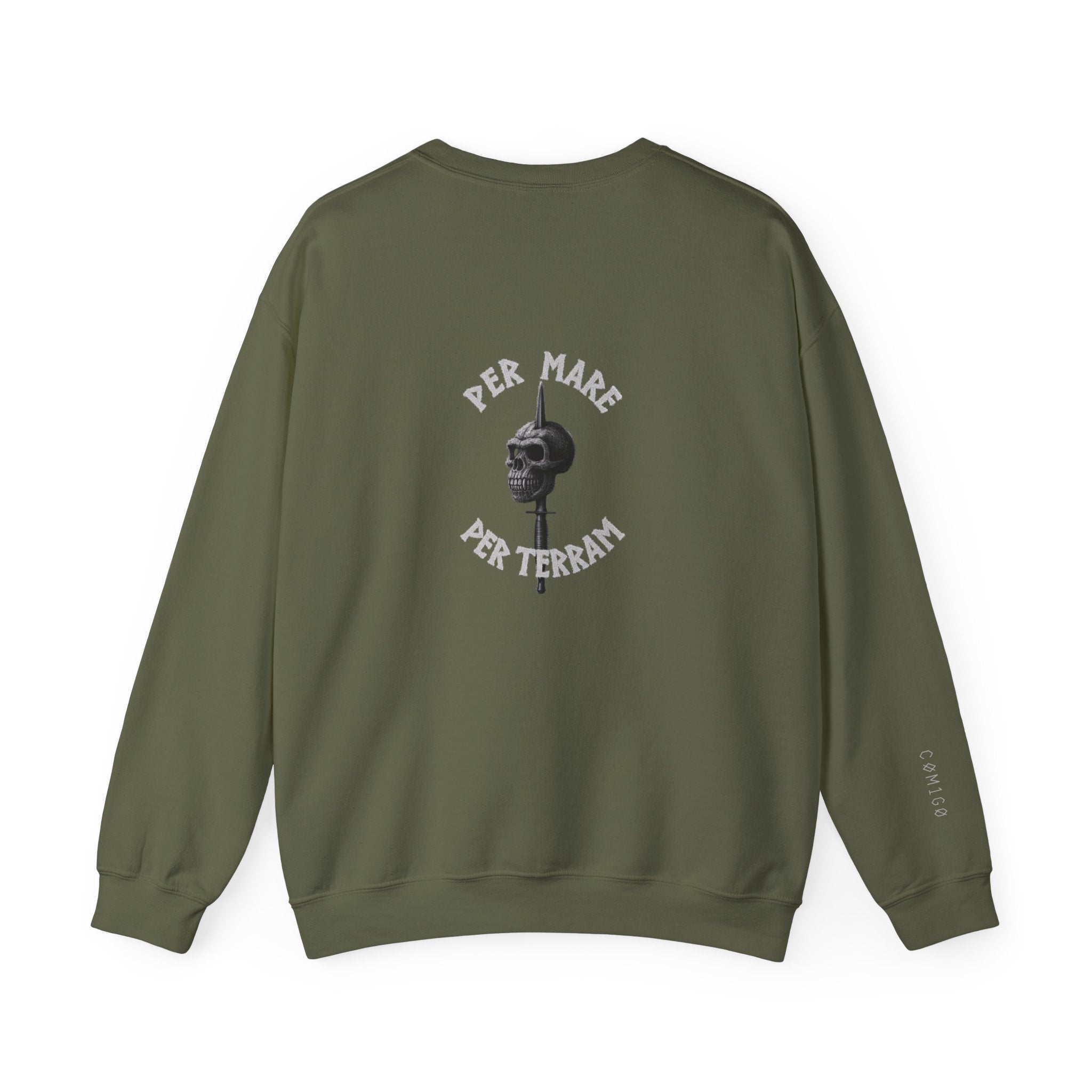 Green sweatshirt with a skull and text design on the back, on a white background  per mare per terram Royal Marine