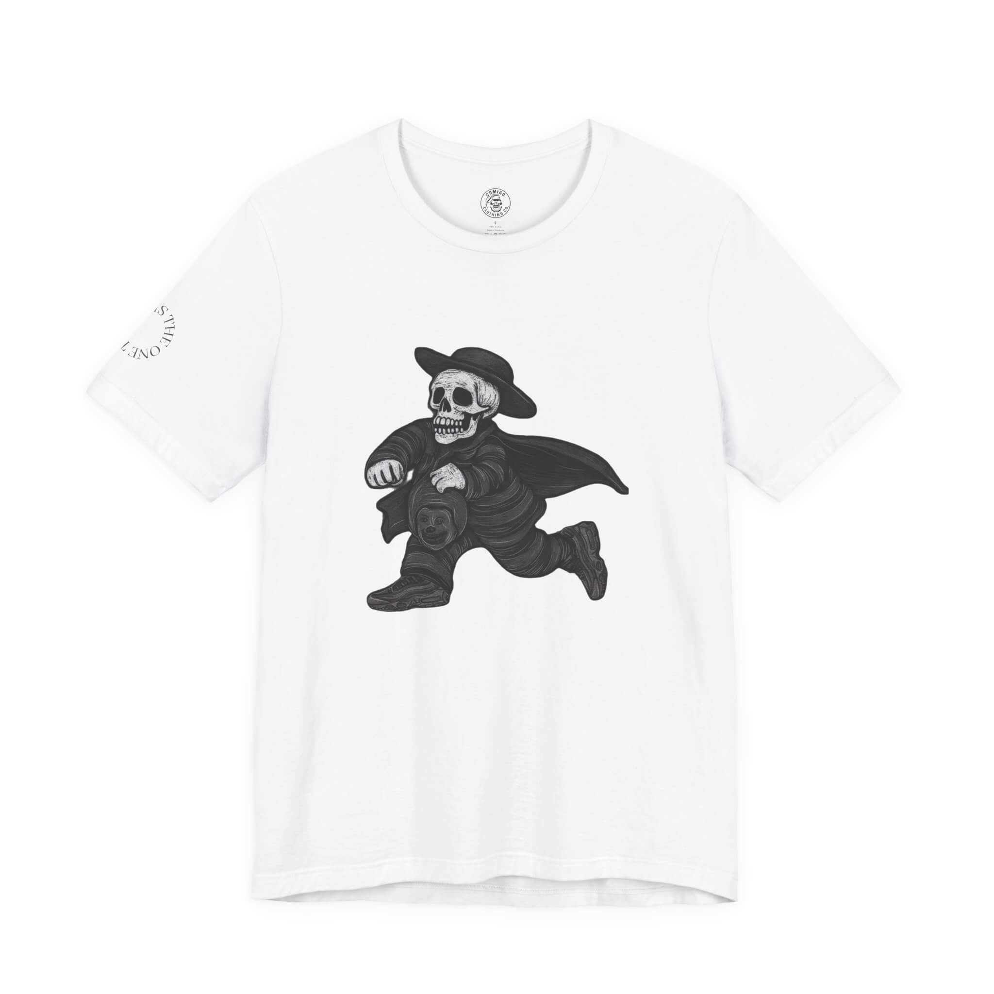 White COMIGO CLOTHING CO. 1ten L1 Jogga soft t-shirt with the 1ten l1 jogga graphic on the front.