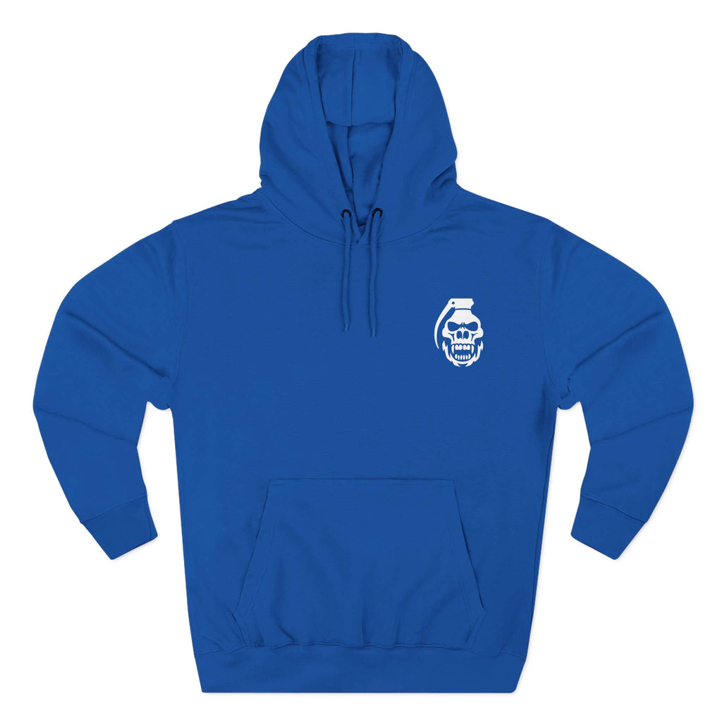 Royal Blue front: "Royal Blue COMIGO CLOTHING CO. Mirrorball Mind hoodie with a comigo skull grenade logo graphic on the front."
