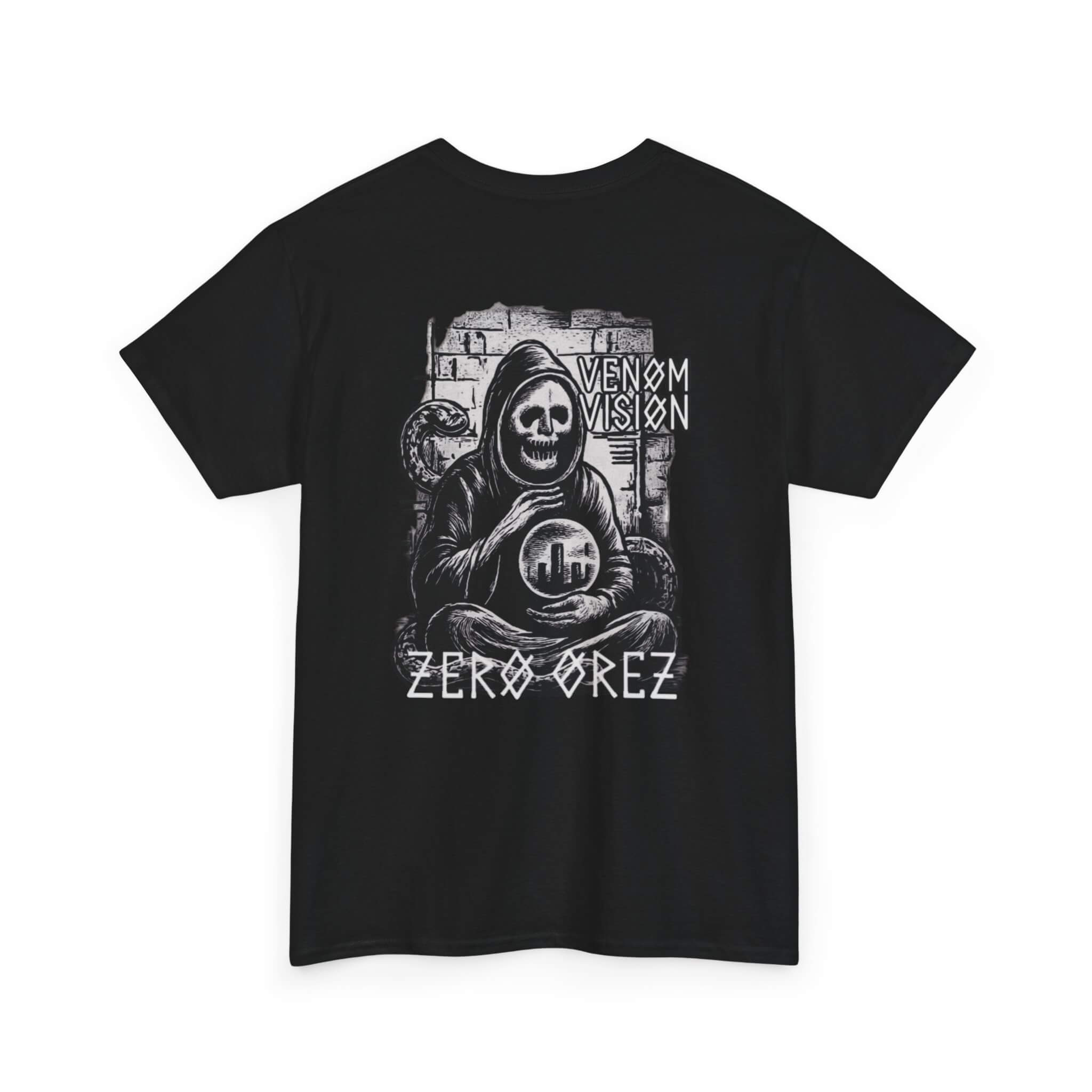 Black t-shirt with a graphic design of a skeleton holding a globe, labeled 'Venom Vision Zero Orez', on a white background. serpent oracle | COMIGO CLOTHING CO.