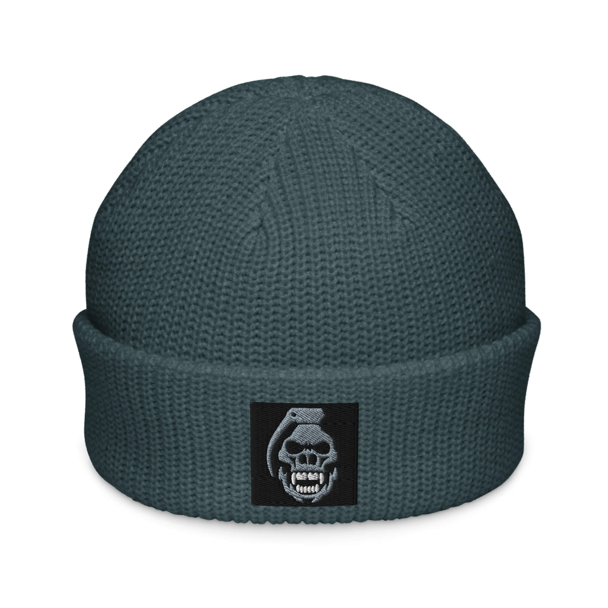front2 view of petrol blue fisherman style beanie, grey and white skully pully embodied on black background COMIGO CLOTHING CO.