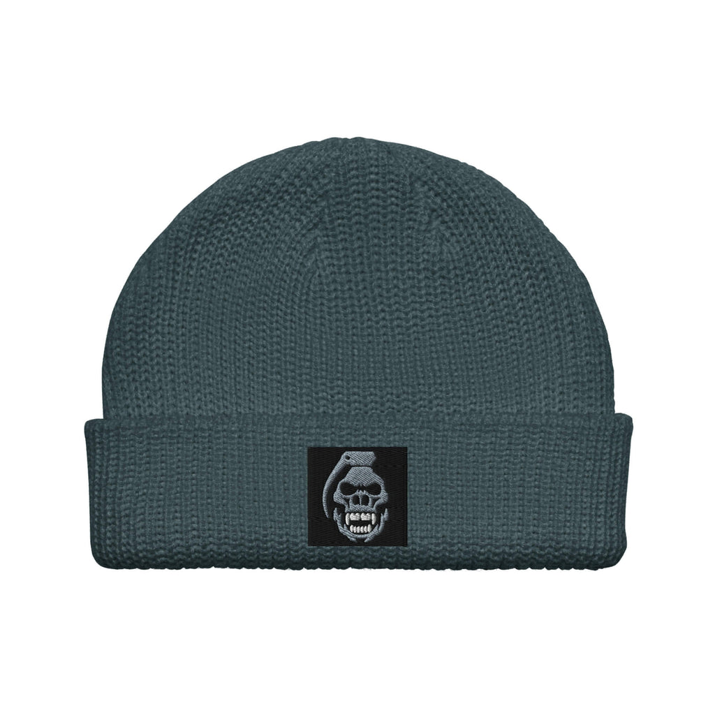 front view of petrol blue fisherman style beanie, grey and white skully pully embodied on black background COMIGO CLOTHING CO.